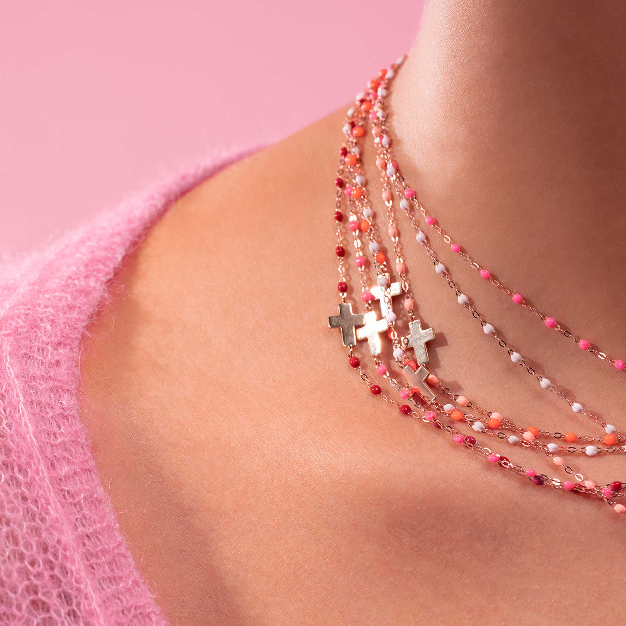 Collier rose bébé Croix de côté, or rose, 42 cm madone Référence :  b1co002r2842xx -2