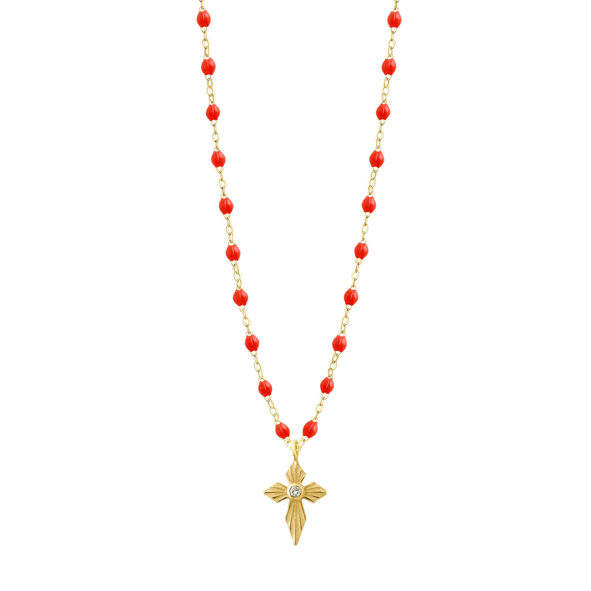 Collier corail Croix Lumière, diamant, or jaune, 42 cm madone Référence :  b1co024j5842di -1