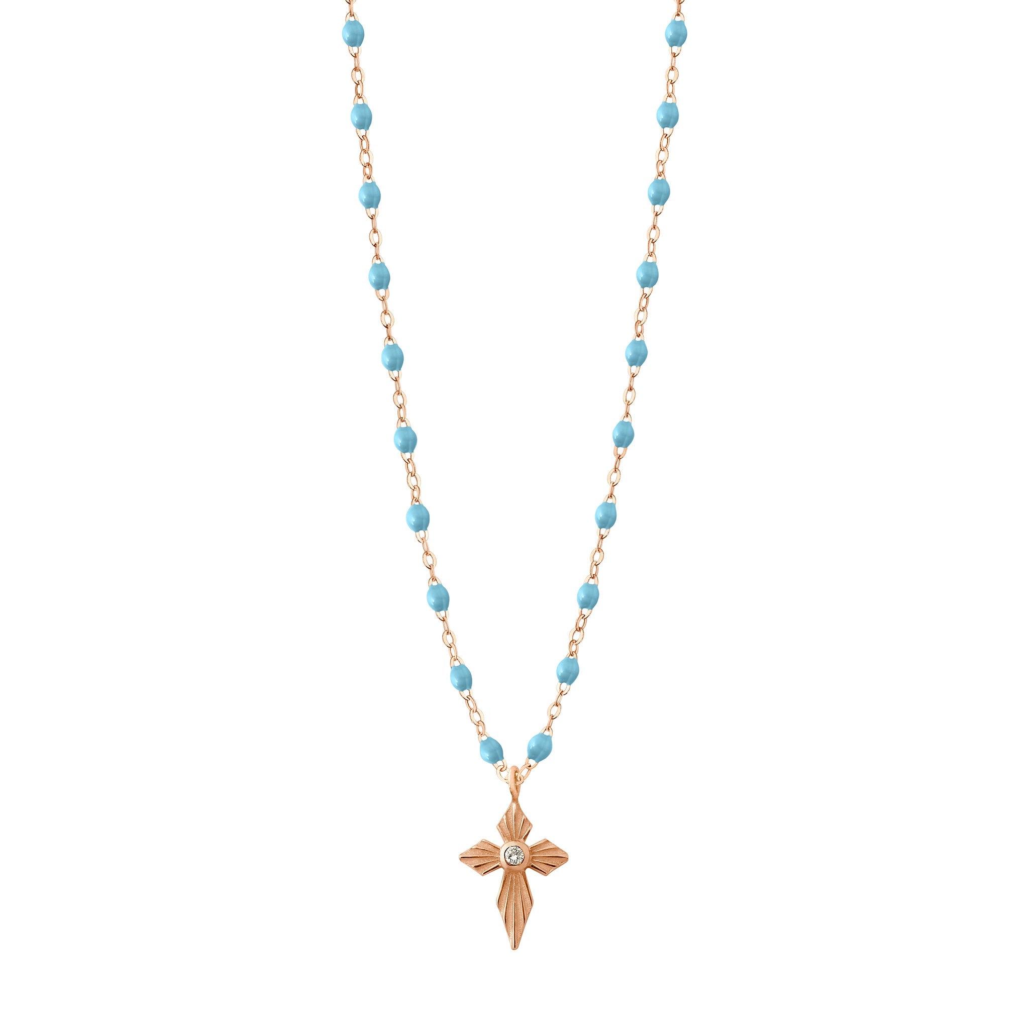 Collier turquoise Croix Lumière, diamant, or rose, 42 cm madone Référence :  b1co024r3442di -1