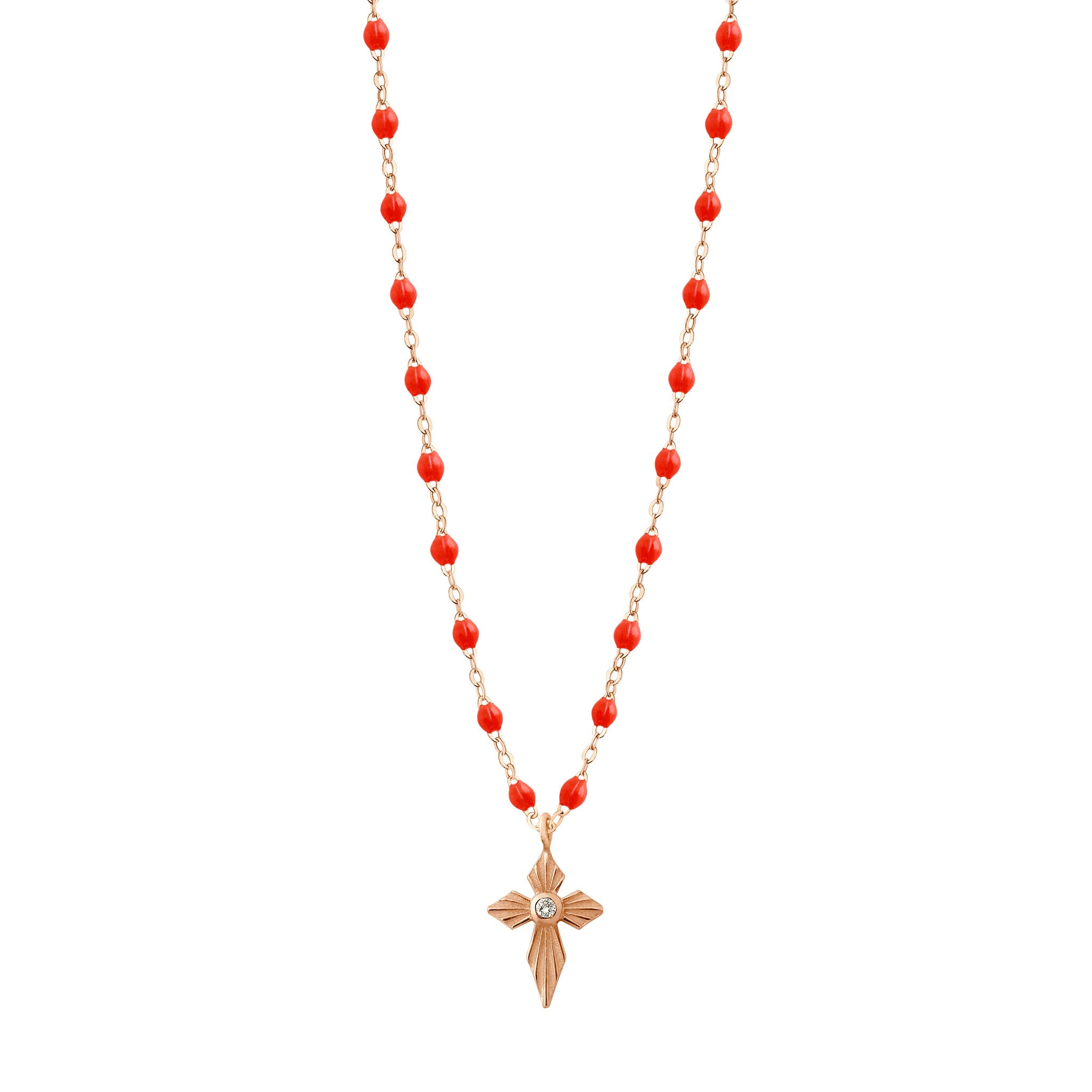 Collier corail Croix Lumière diamants, or rose, 42 cm madone Référence :  b1co024r5842di -1