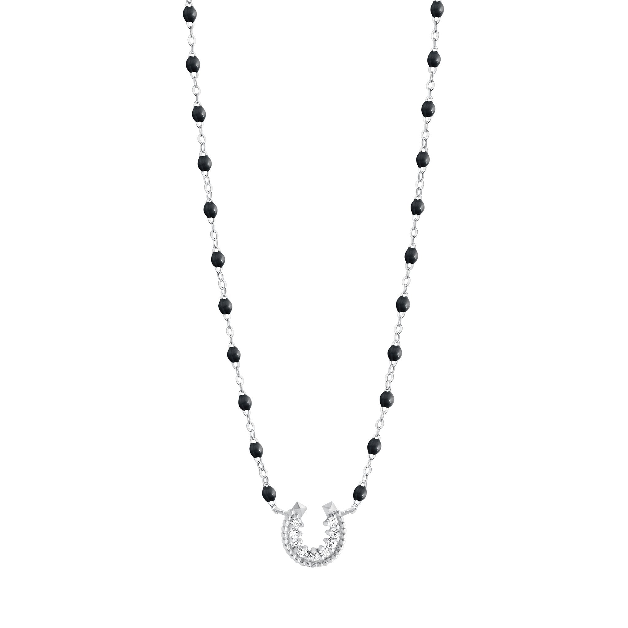 Collier noir Fer à cheval, diamants, or blanc, 42 cm