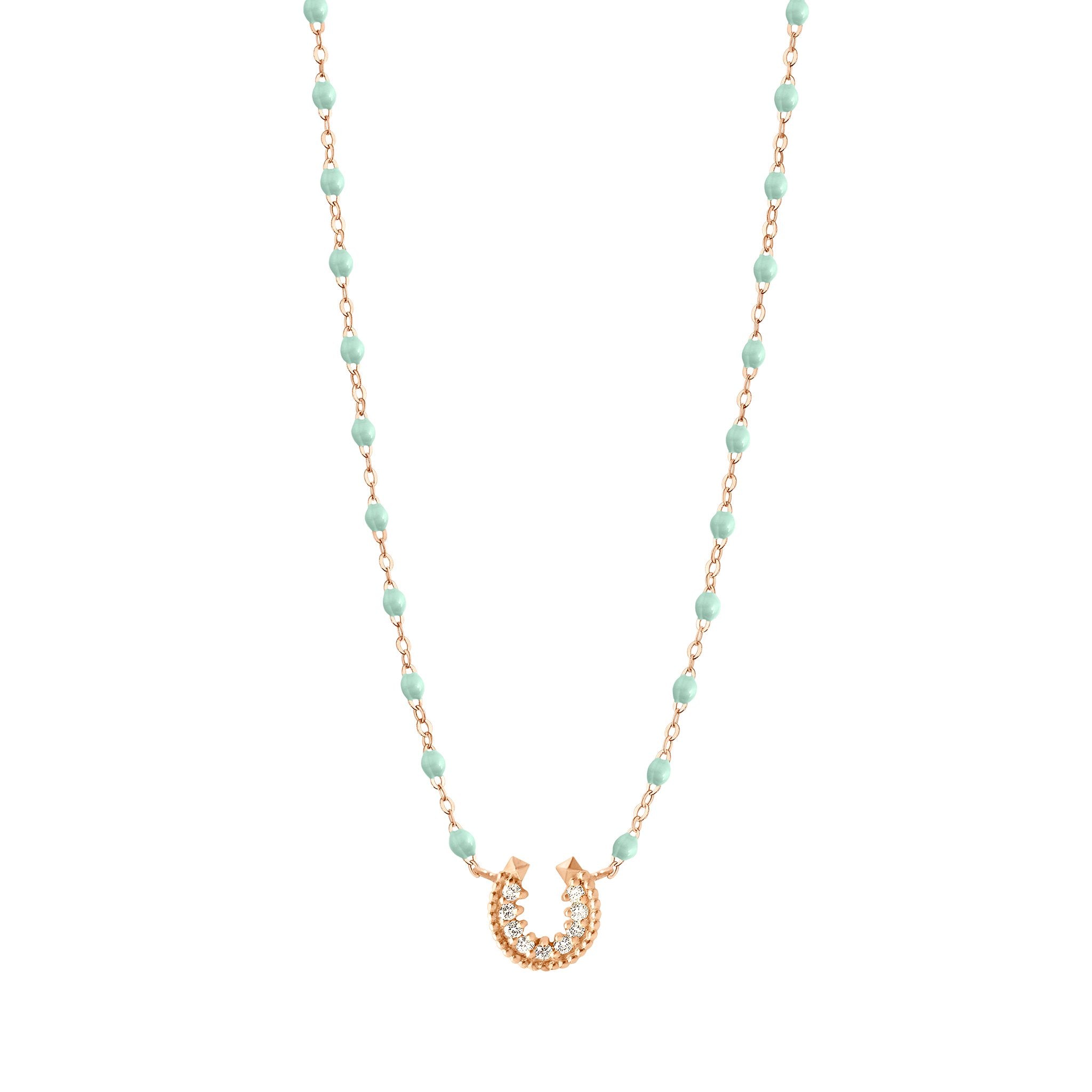 Collier jade Fer à cheval, diamants, or rose, 42 cm