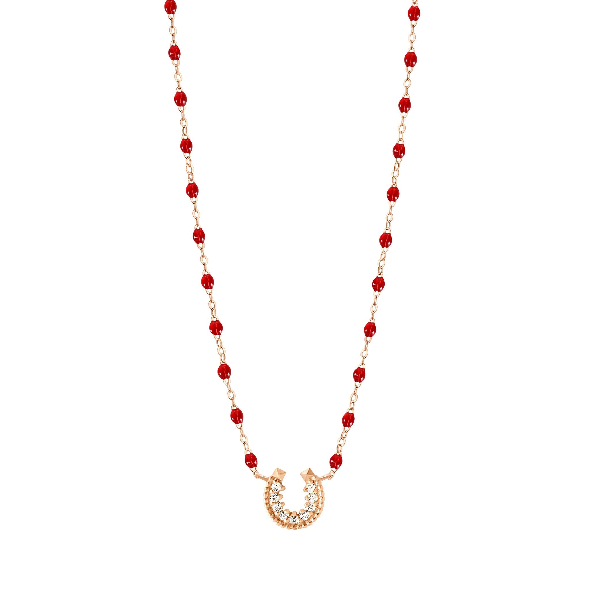 Collier rouge Fer à cheval, diamants, or rose, 42 cm