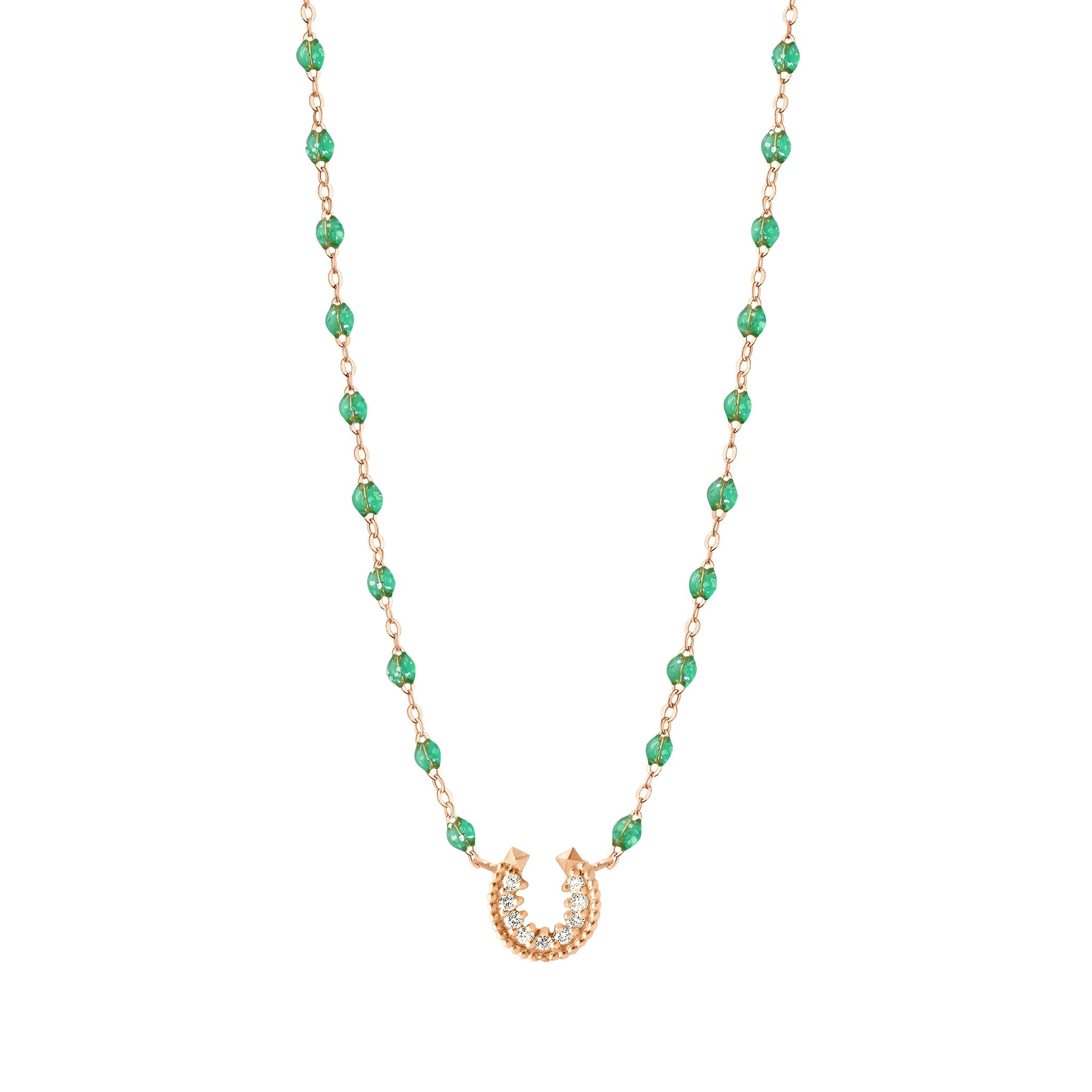 Collier menthe Fer à cheval, diamants, or rose, 42 cm