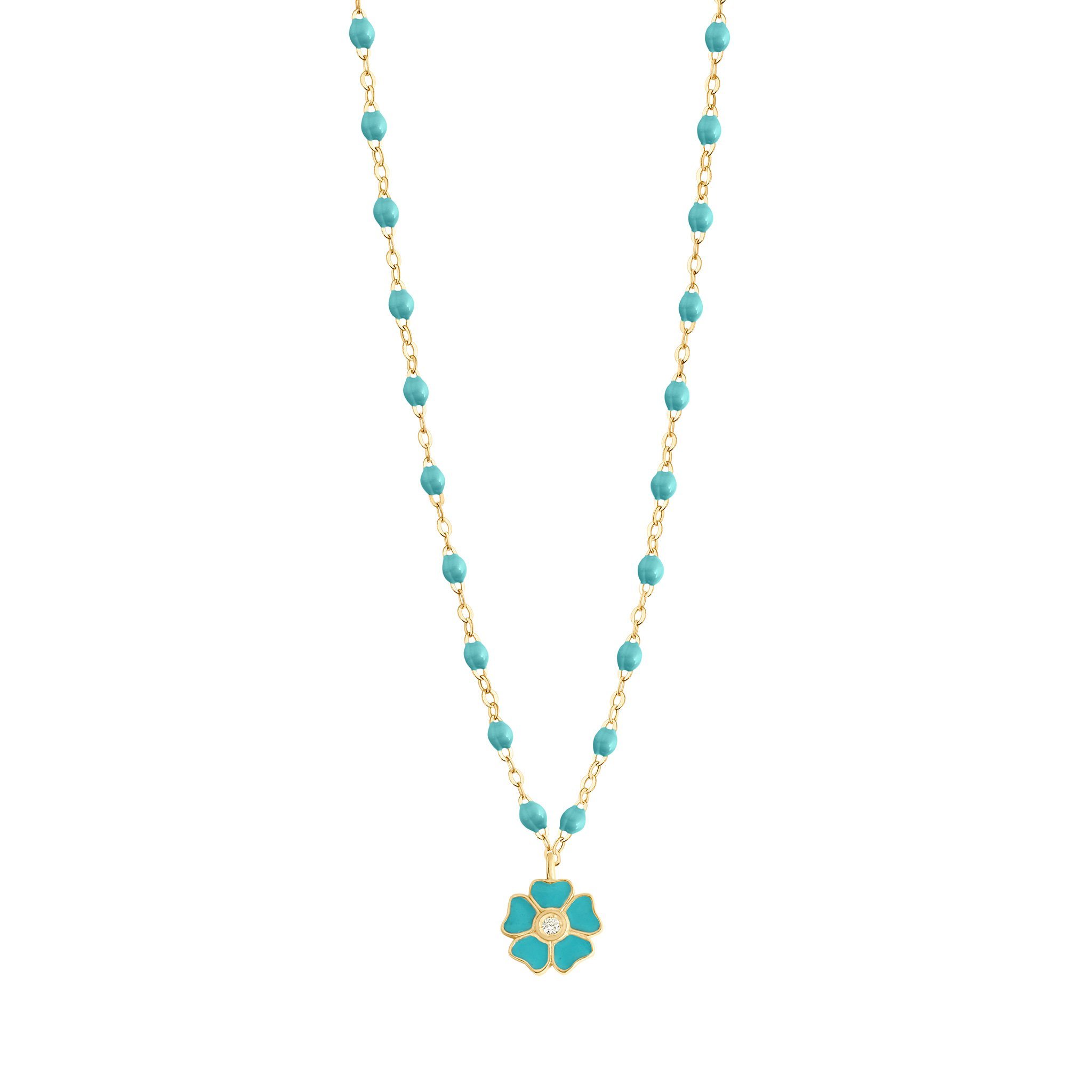 Collier turquoise vert Fleur, diamant, or jaune, 42 cm