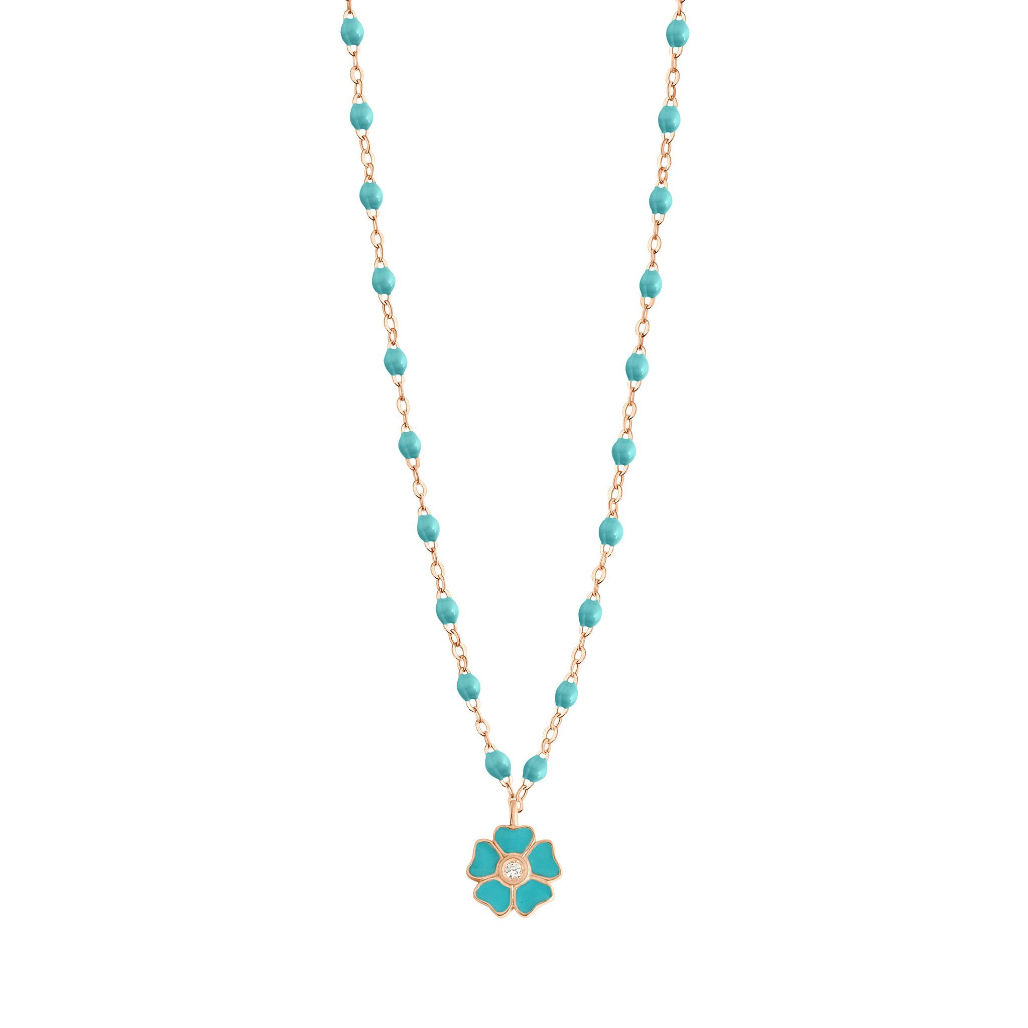 Collier turquoise vert Fleur, diamant, or rose, 42 cm