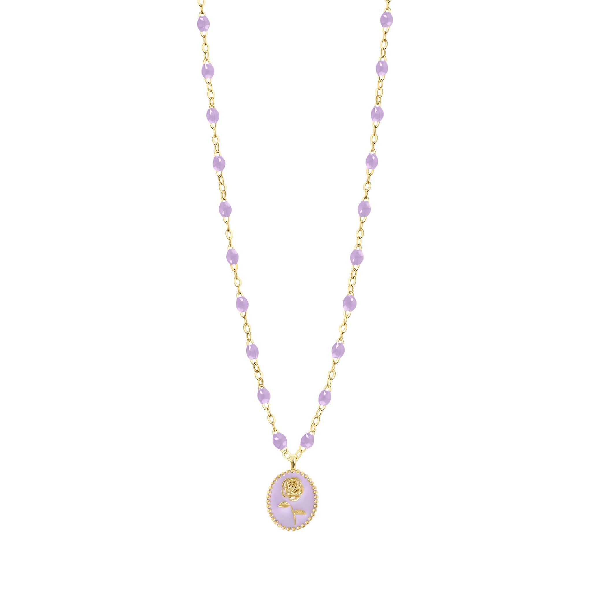 Collier Rose résine parme, or jaune, 42 cm