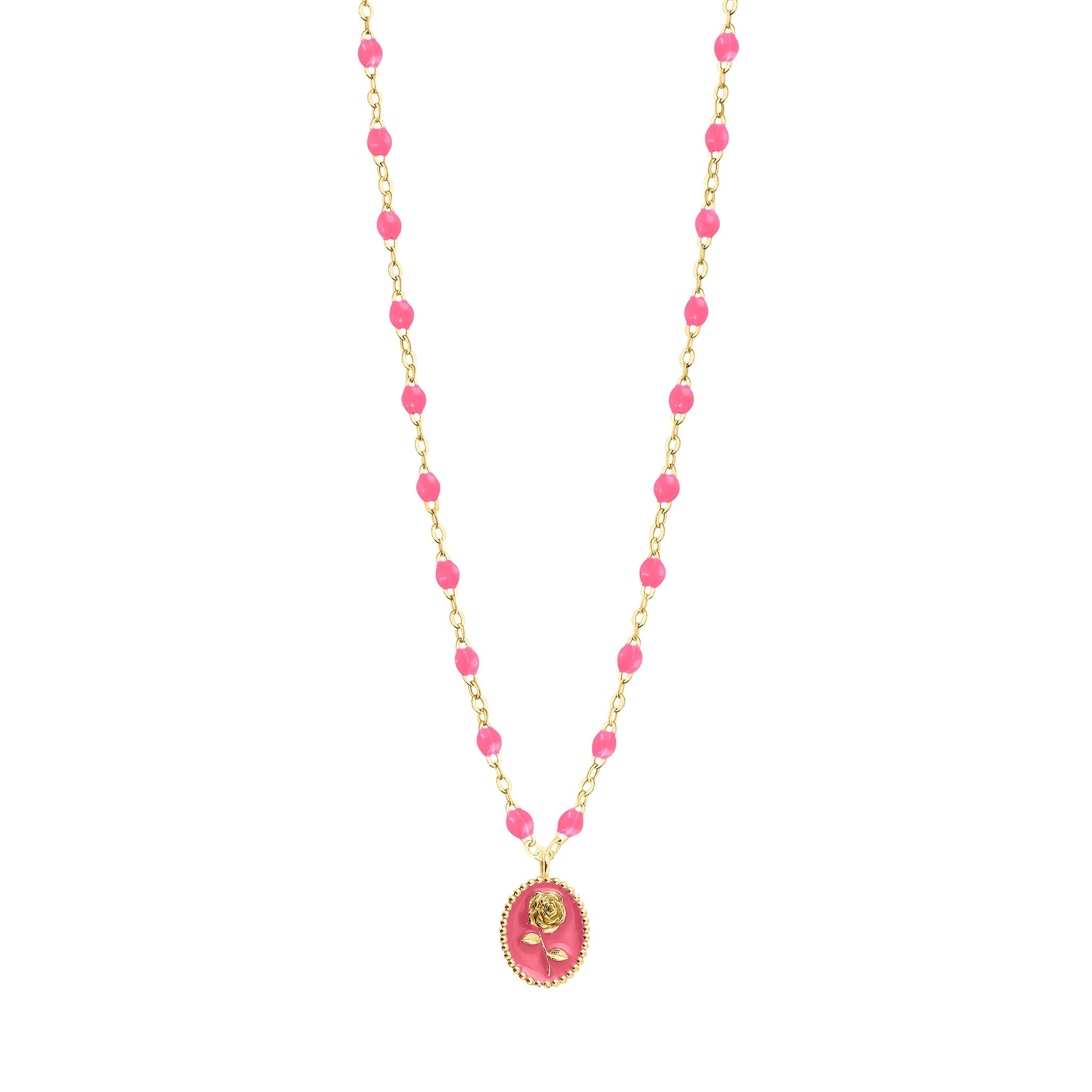 Collier Rose résine rose fluo, or jaune, 42 cm