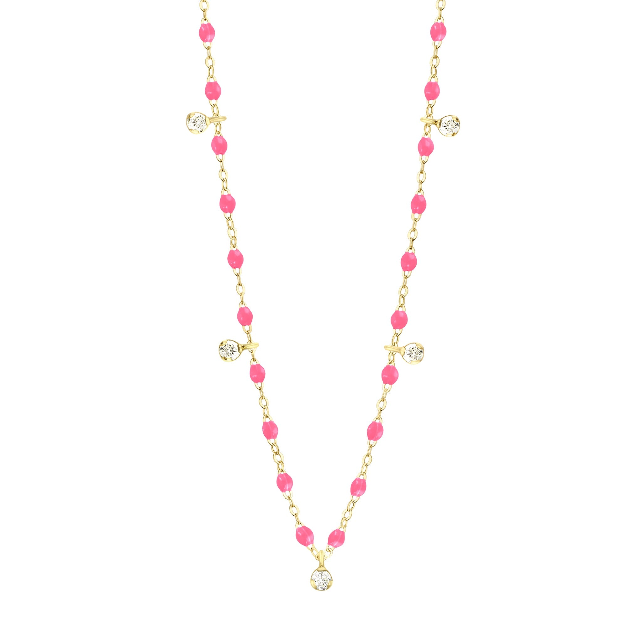 Collier rose fluo Gigi Suprême, or jaune, 5 diamants, 45 cm