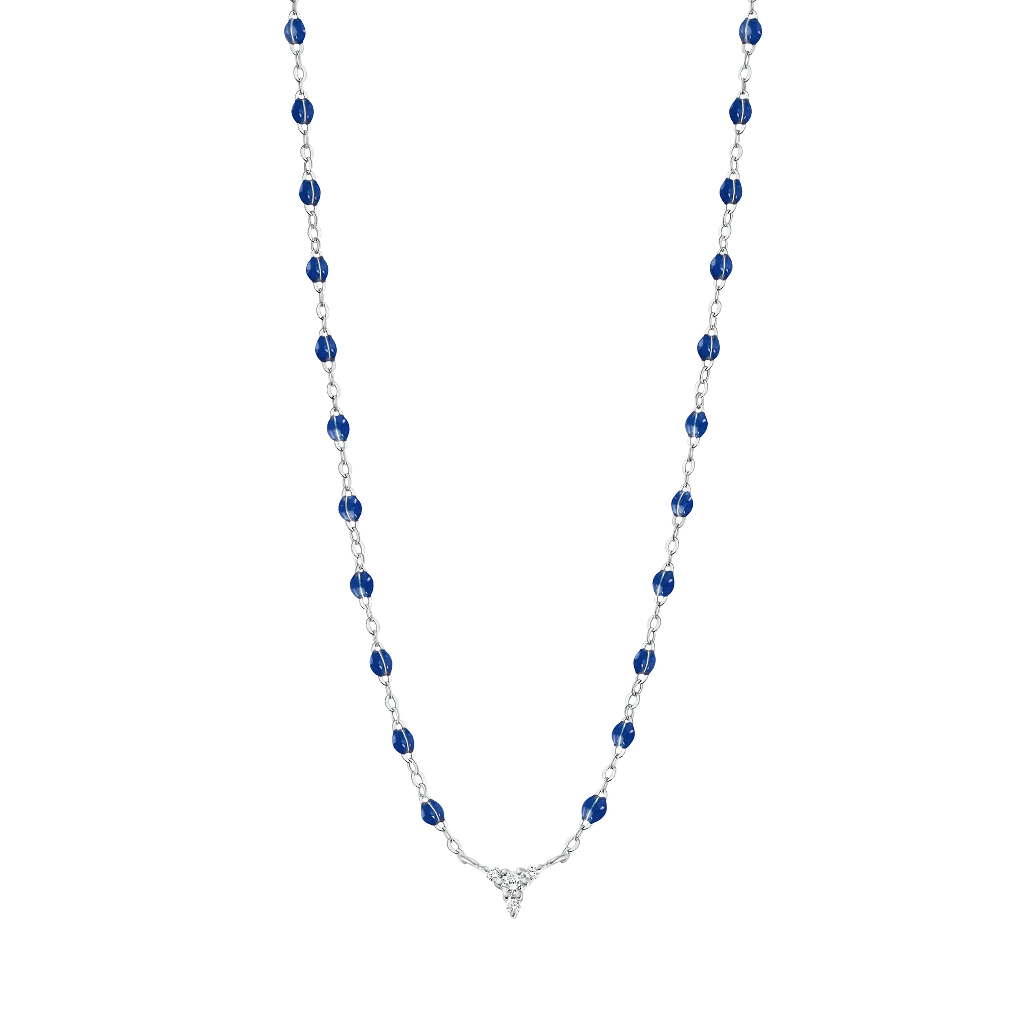 Collier prusse petit Kosmos, diamants, or blanc, 42 cm