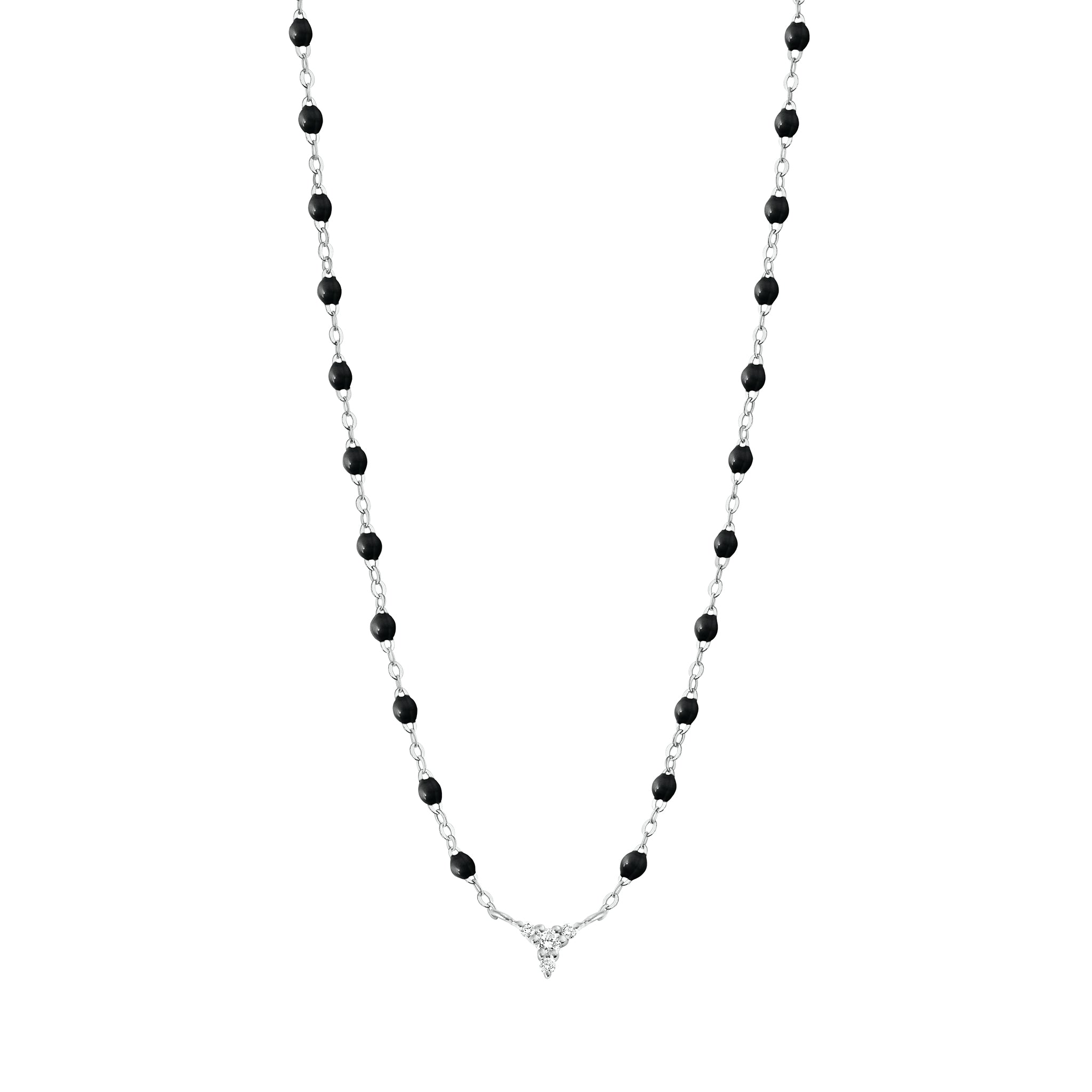 Collier noir petit Kosmos, diamants, or blanc, 42 cm