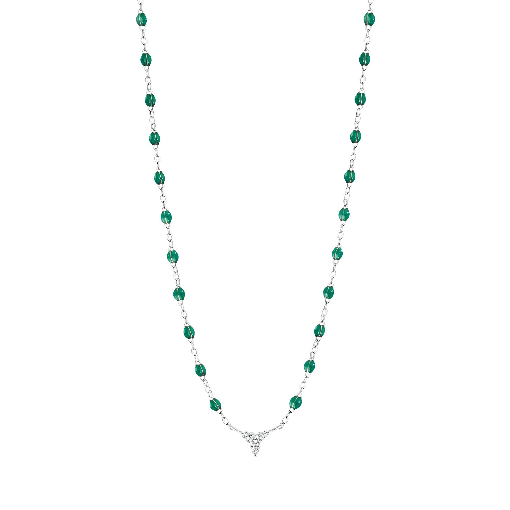 Collier émeraude petit Kosmos, diamants, or blanc, 42 cm