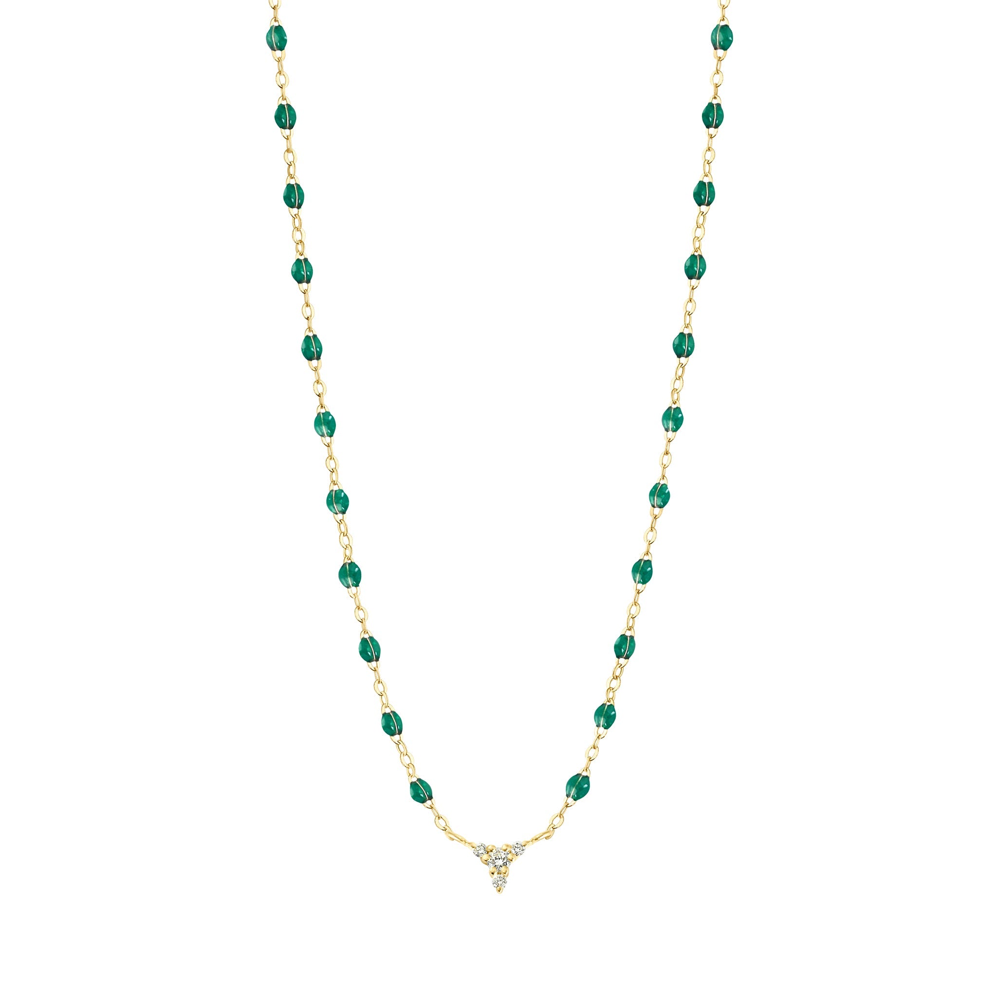 Collier émeraude petit Kosmos, diamants, or jaune, 42 cm