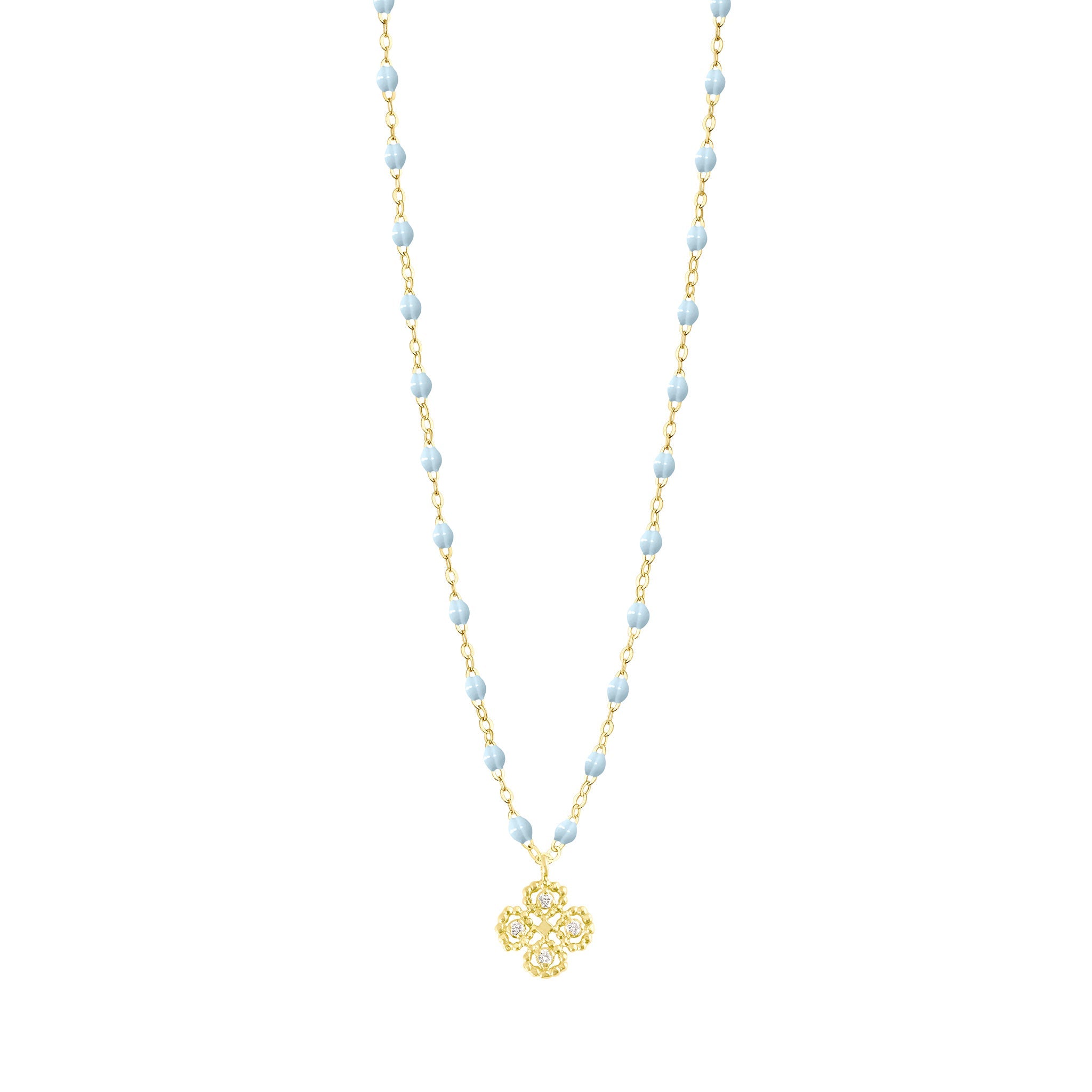 Collier bleu layette Lucky Trèfle, diamants, or jaune, 42 cm