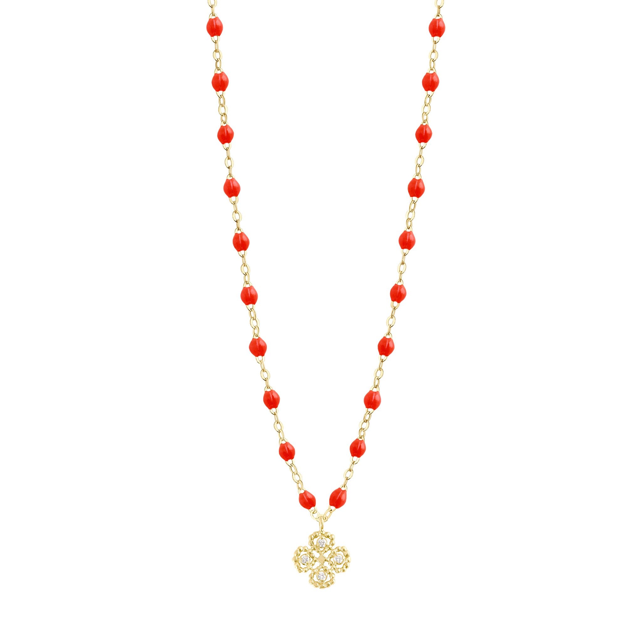 Collier corail Lucky Trèfle, diamants, or jaune, 42 cm