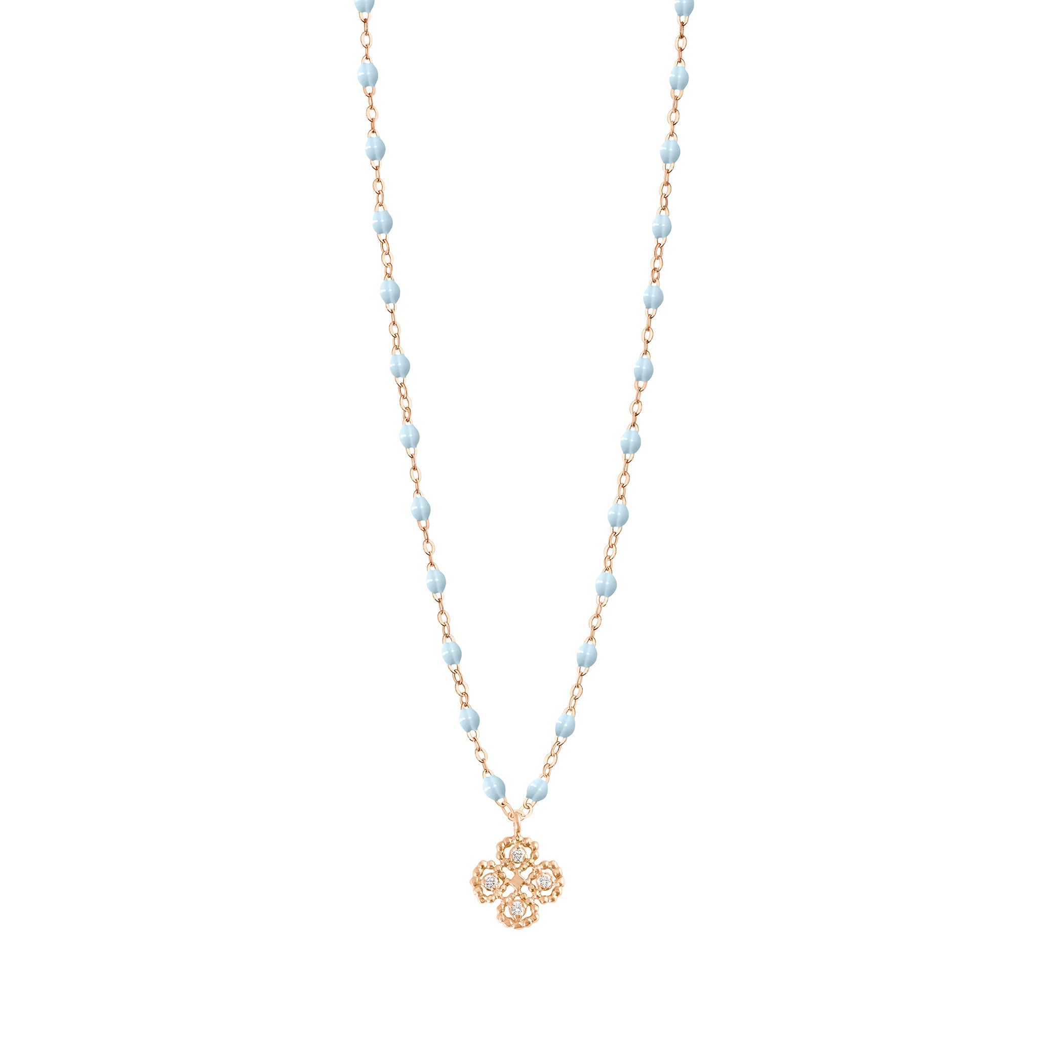 Collier bleu layette Lucky Trèfle, diamants, or rose, 42 cm