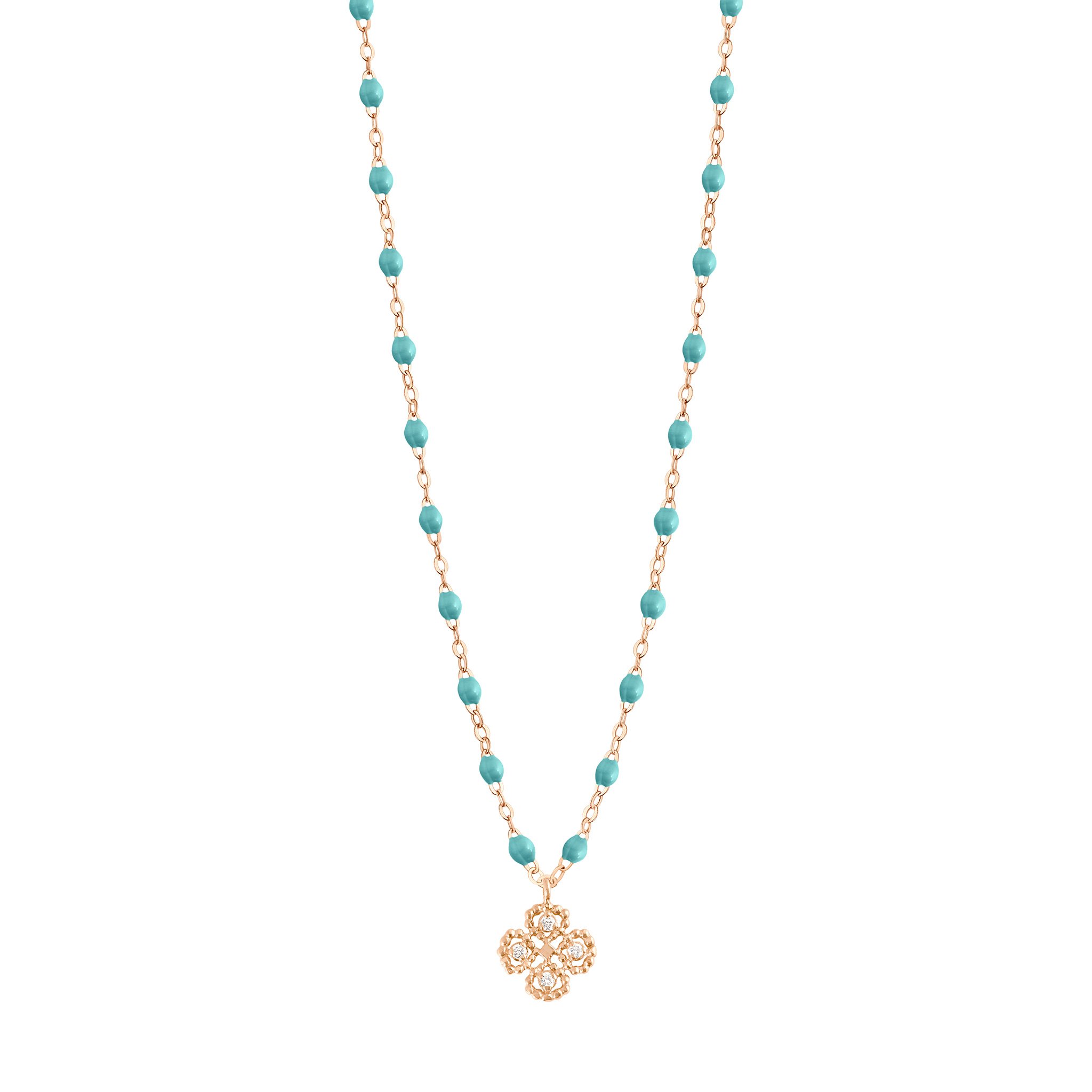 Collier turquoise vert Lucky Trèfle, diamants, or rose, 42 cm