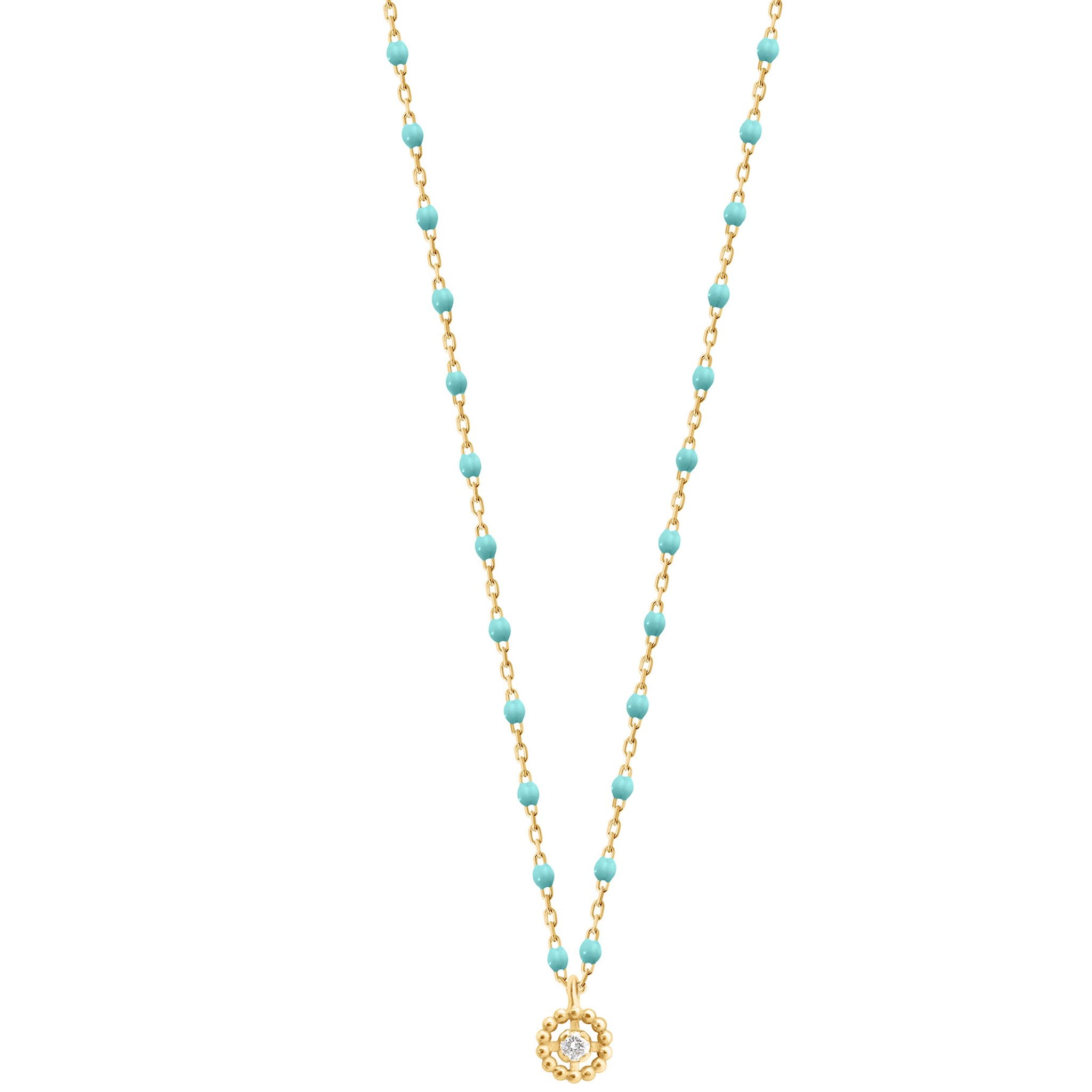 Collier Lucky Puce, diamant, or jaune et mini perles de résine turquoise verte, 42 cm