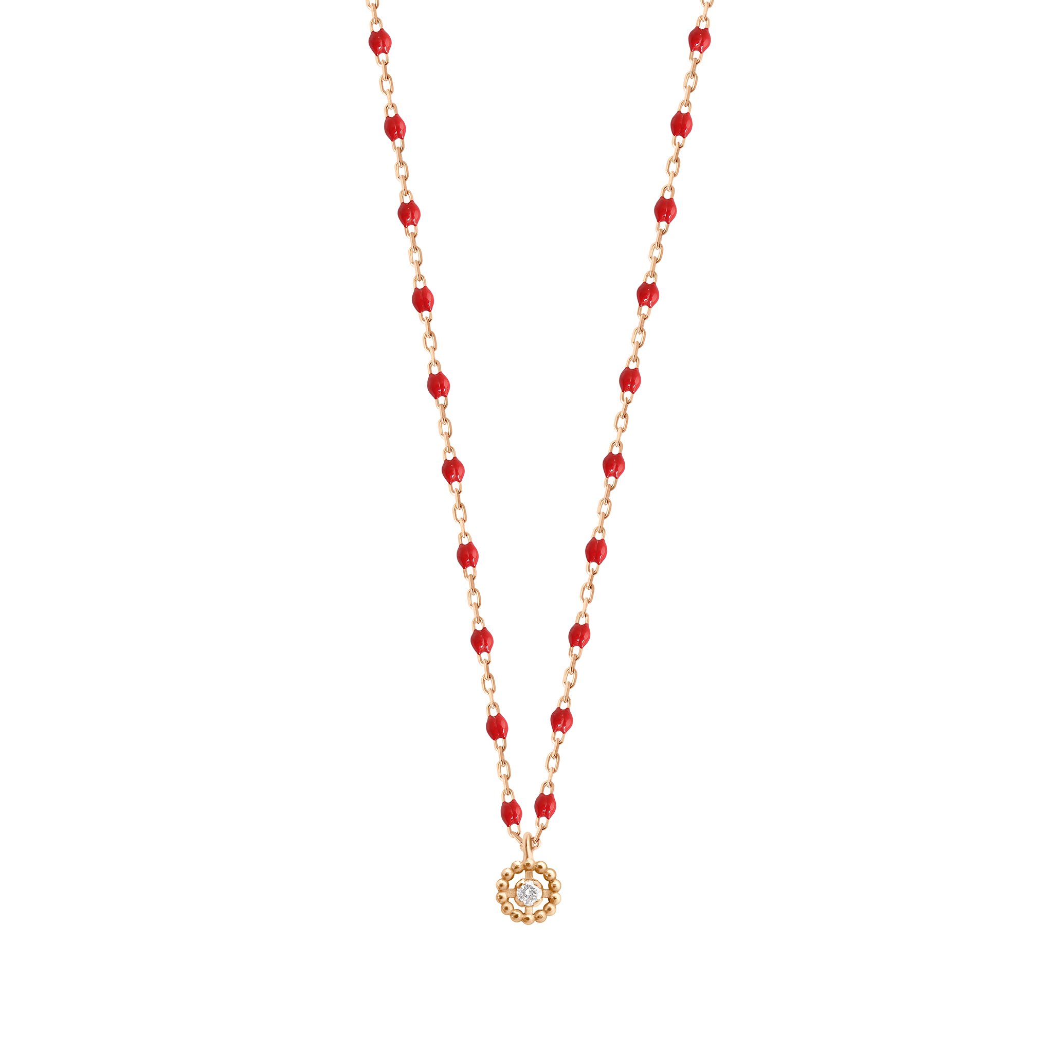 Collier Lucky Puce, diamant, or rose et mini perles de résine coquelicot, 42 cm