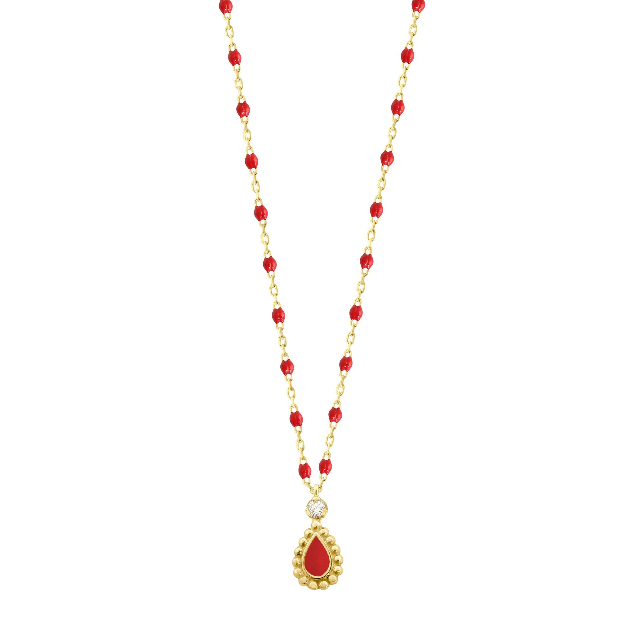 Collier Lucky Cashmere, diamant, or jaune et mini perles de résine coquelicot, 42 cm