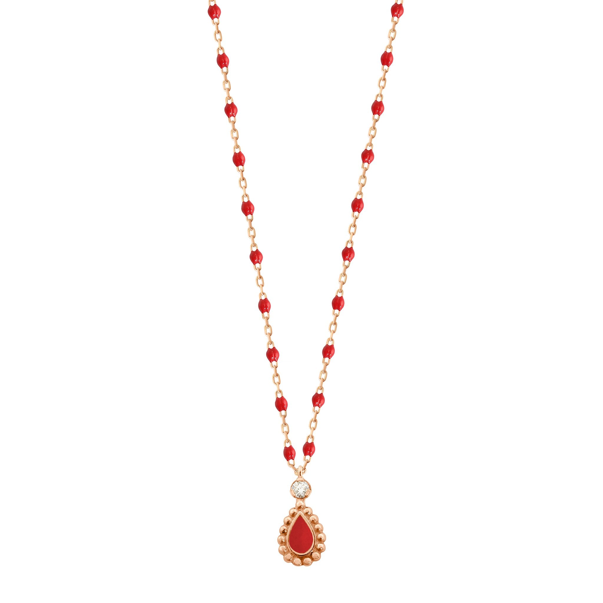 Collier Lucky Cashmere, diamant, or rose et mini perles de résine coquelicot, 42 cm