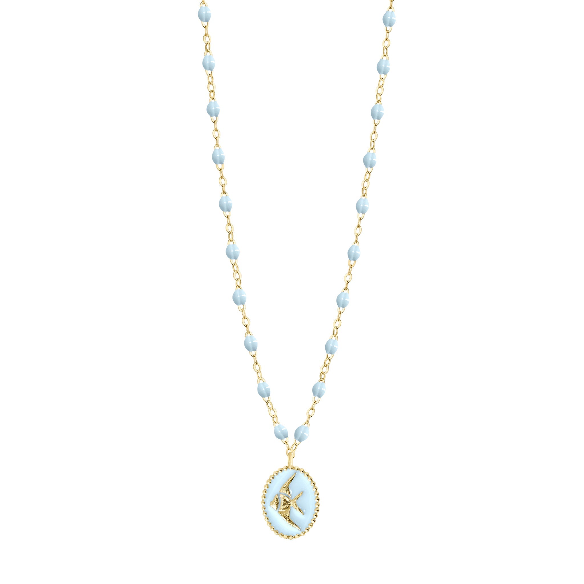 Collier Poisson Ange résine bleu layette, or jaune, 42 cm