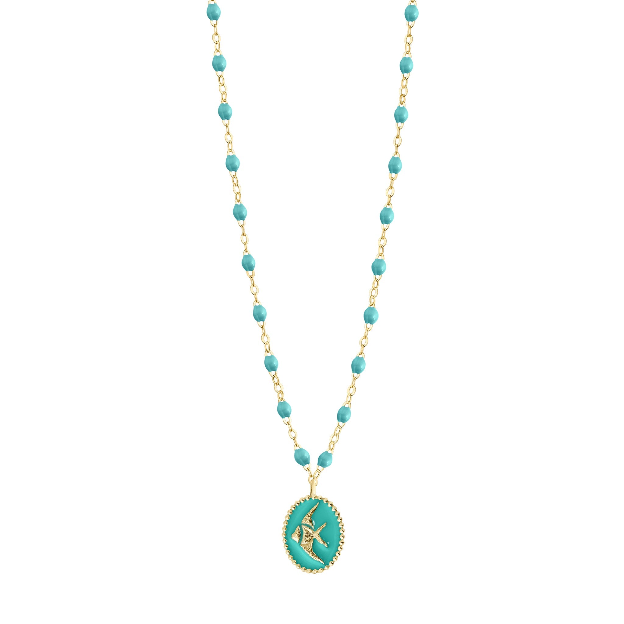 Collier Poisson Ange résine turquoise vert, or jaune, 42 cm