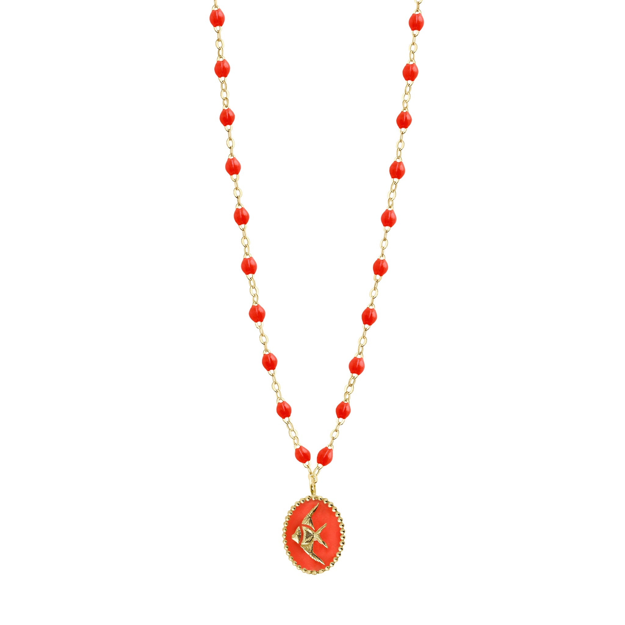 Collier Poisson Ange résine corail, or jaune, 42 cm