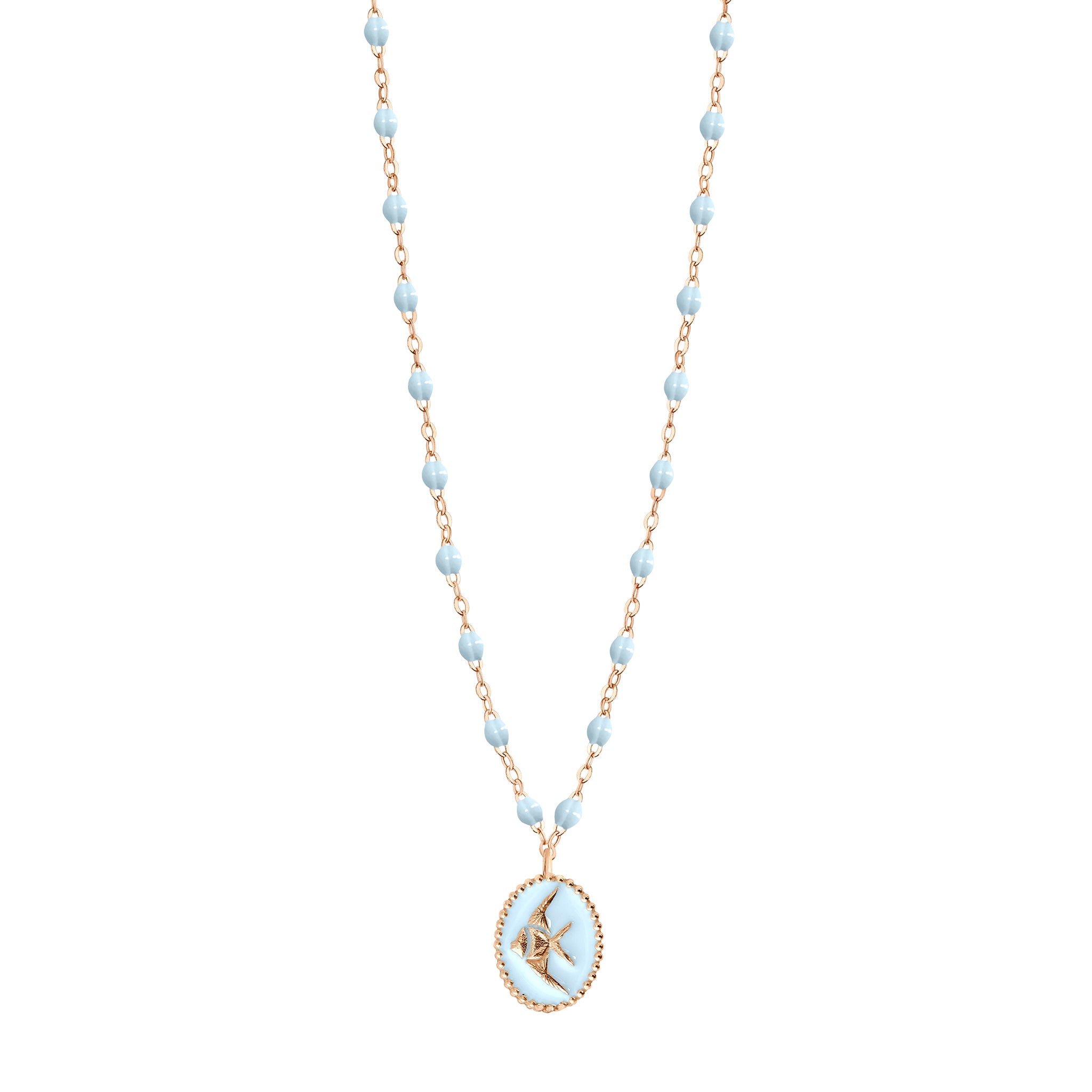 Collier Poisson Ange résine bleu layette, or rose, 42 cm