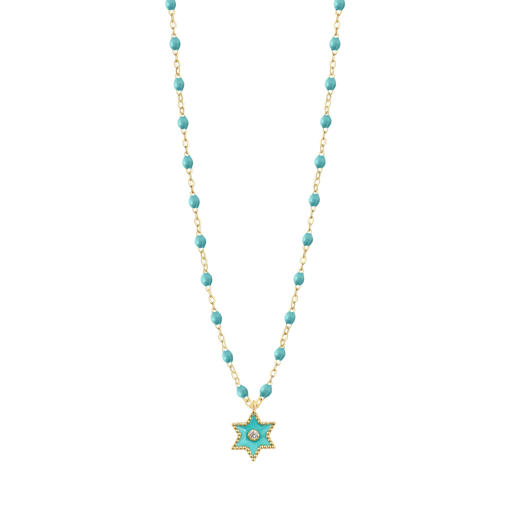 Collier Etoile Star résine turquoise vert, diamant, or jaune, 42 cm pirate Référence :  b1st001j3342di -1