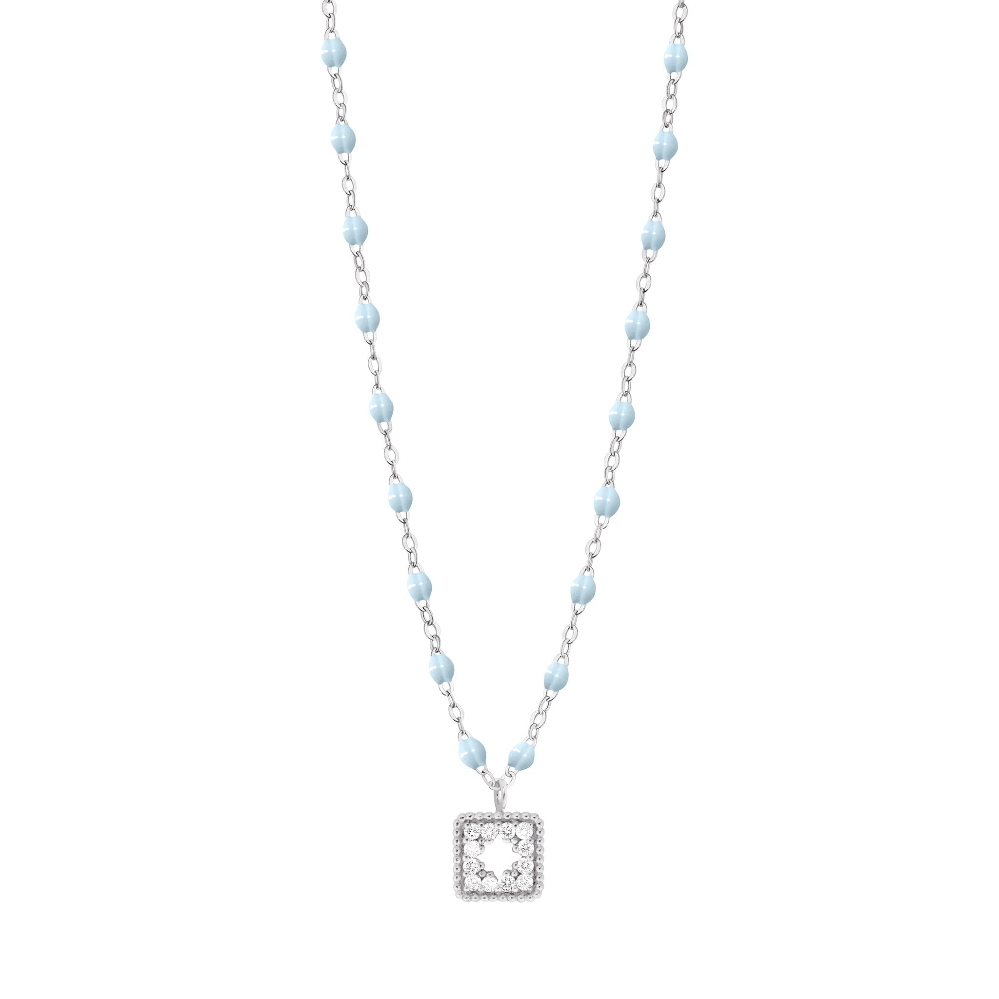 Collier bleu layette Trésor, diamants, or blanc, 42 cm