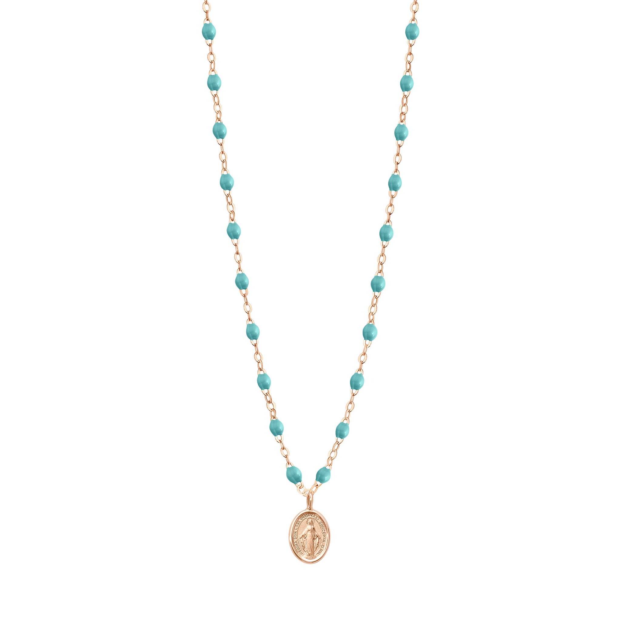 Collier turquoise vert Madone, or rose, 42 cm