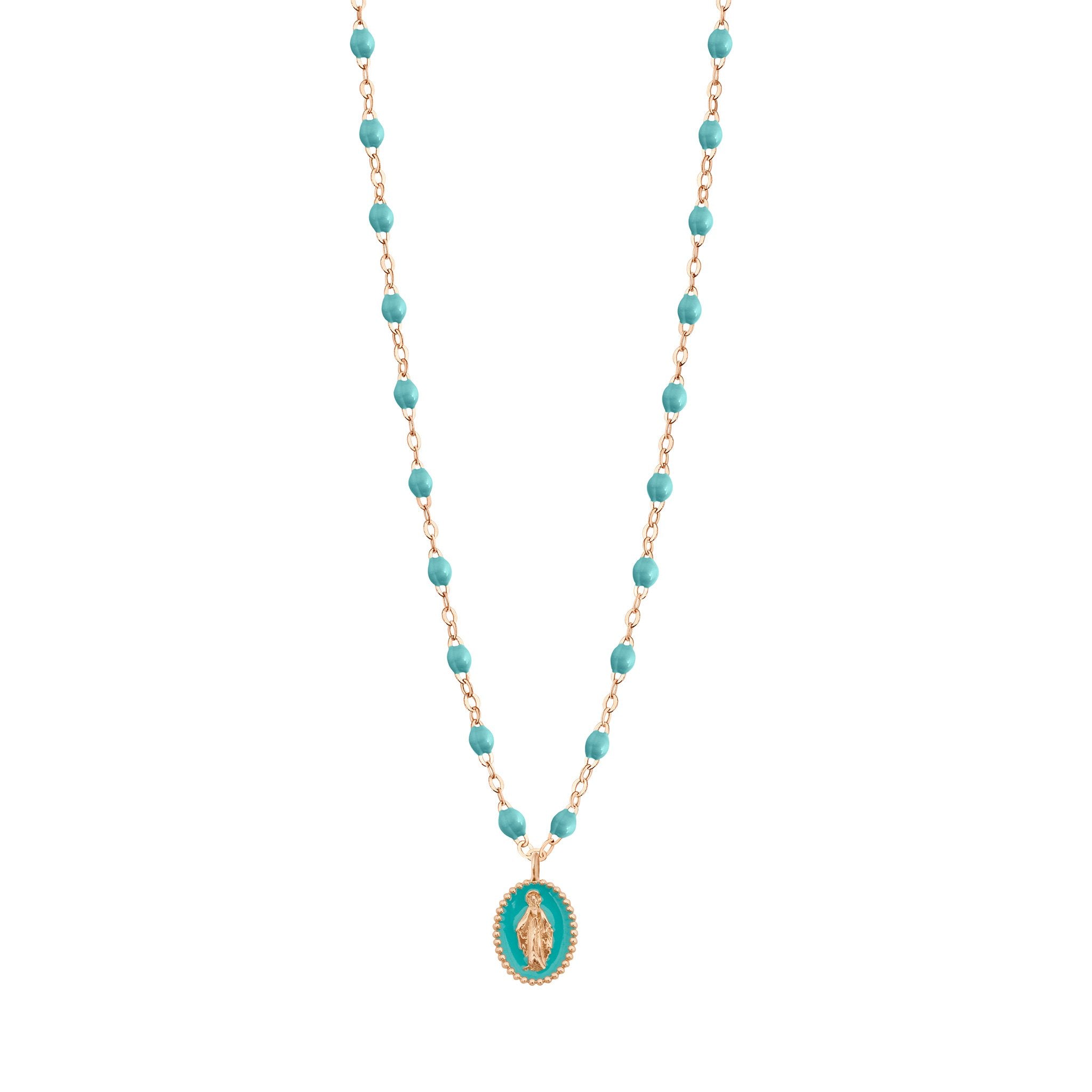 Collier Madone résine turquoise vert, or rose, 42 cm