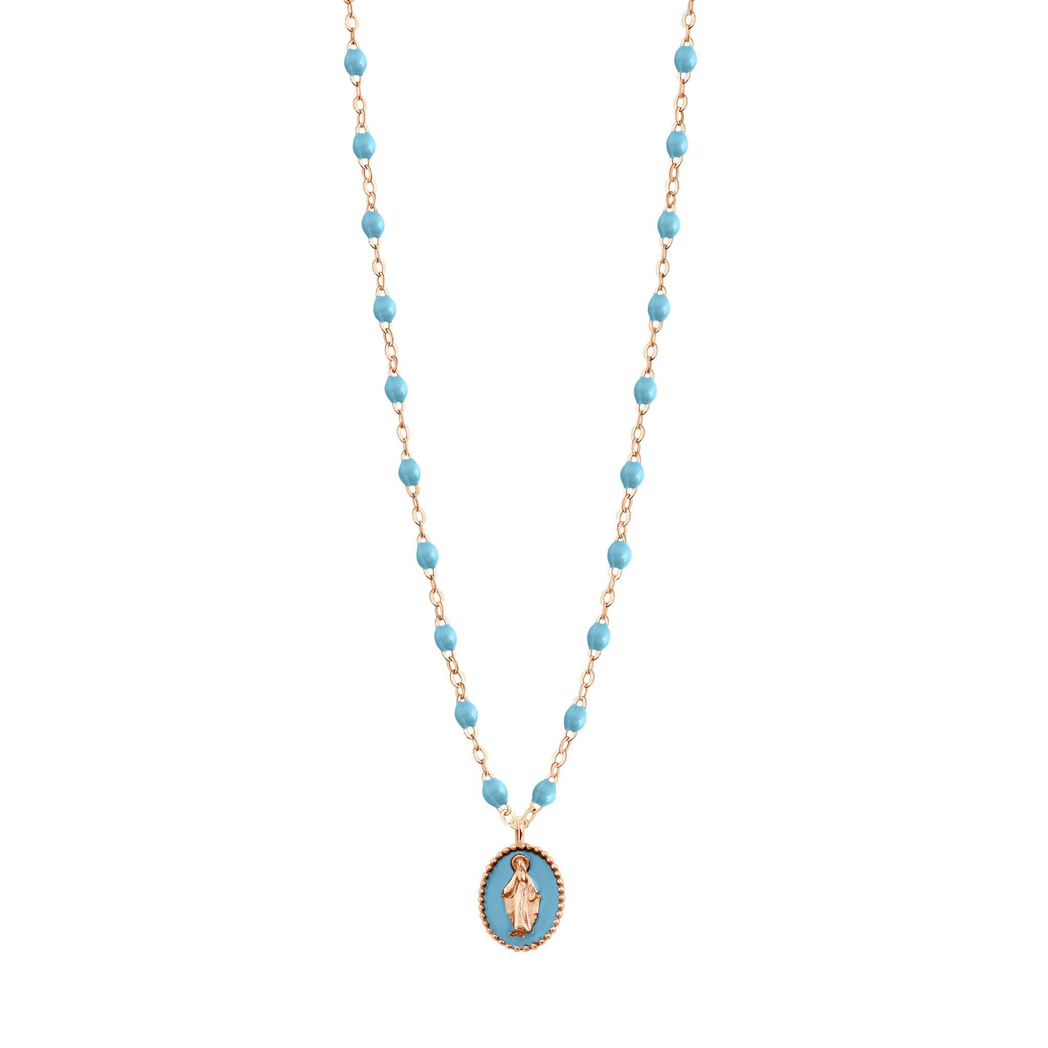 Collier Madone résine turquoise, or rose, 42 cm