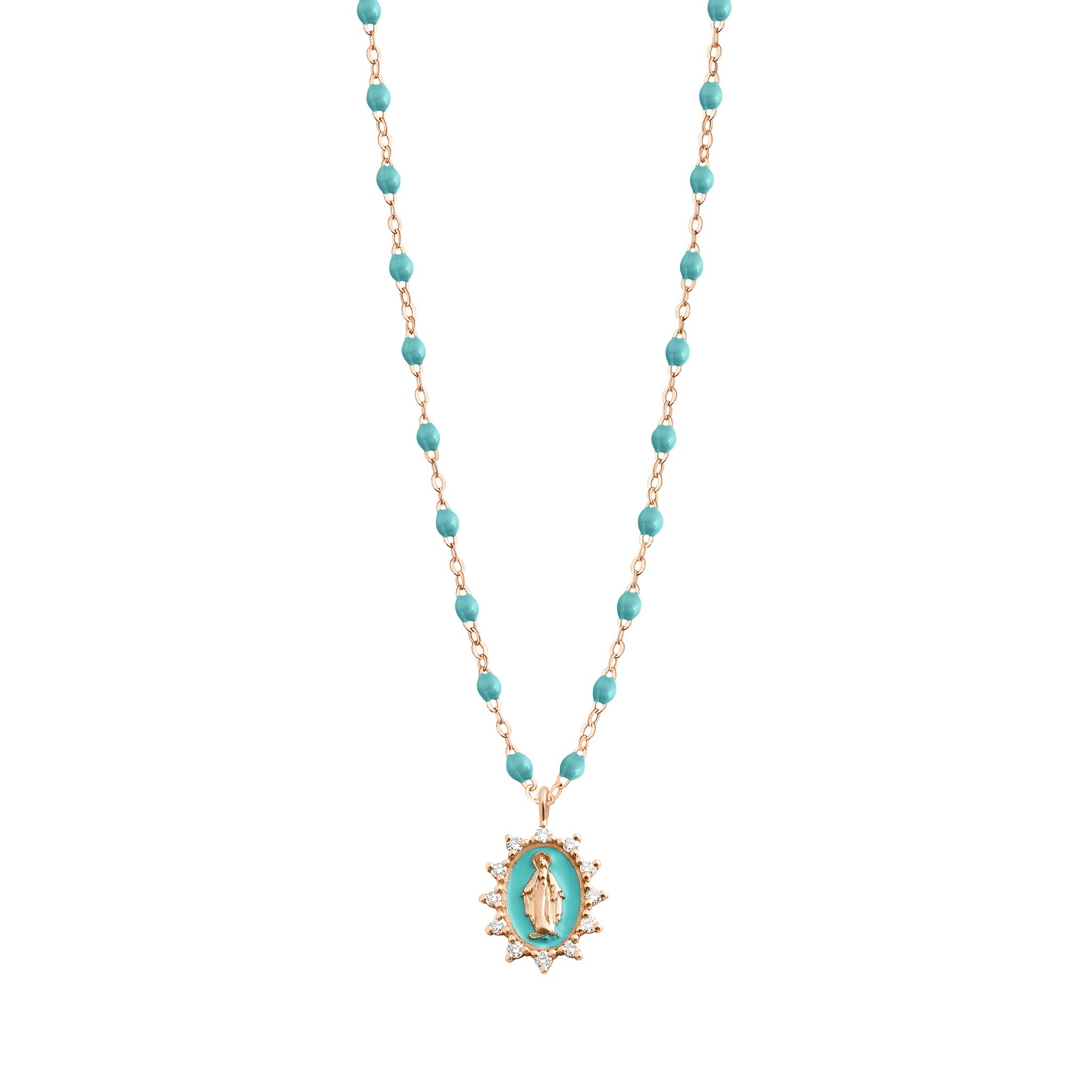 Collier turquoise vert Petite Madone Suprême diamants, or rose, 42 cm