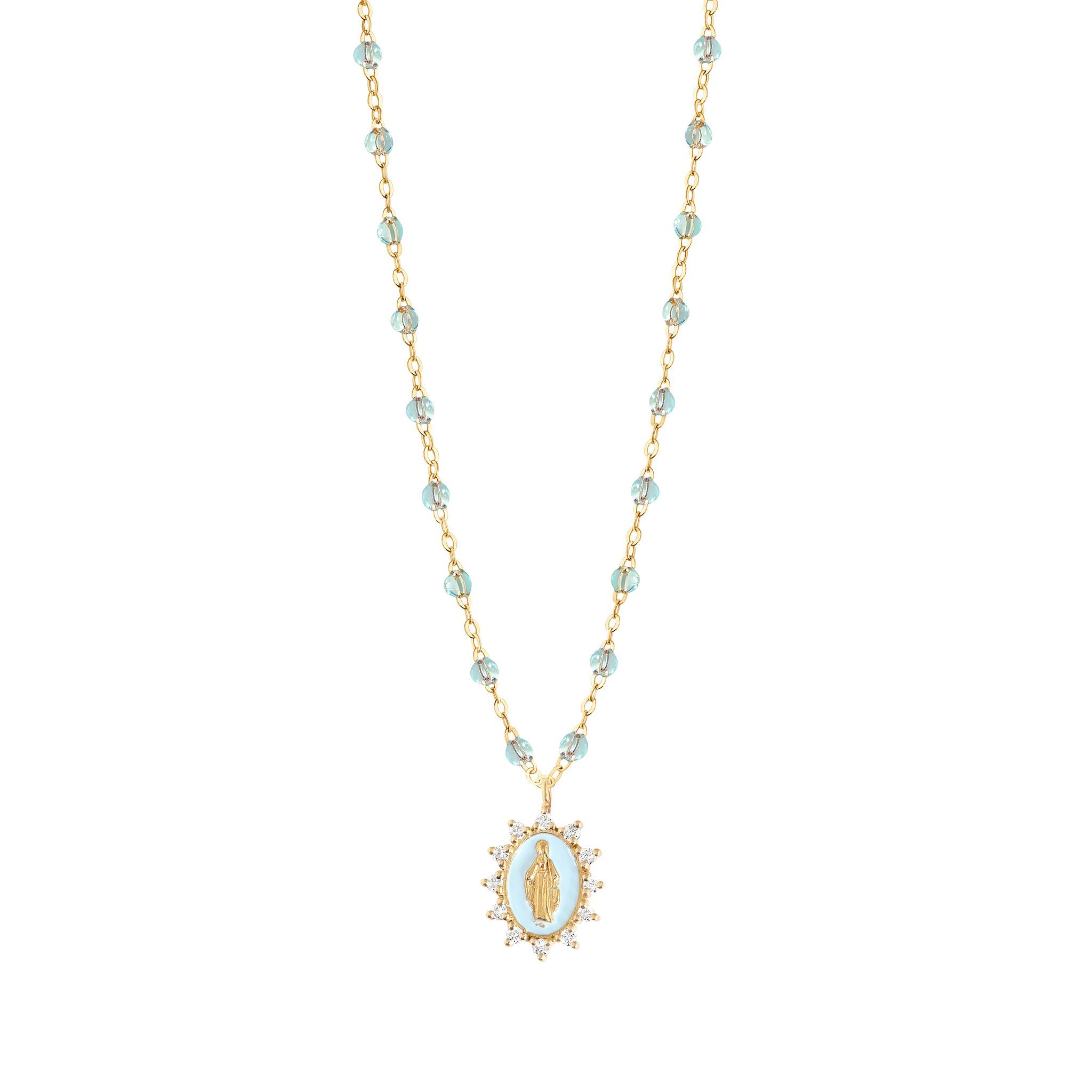 Collier Ice Petite Madone Suprême bleu layette, diamants, or jaune, 42 cm