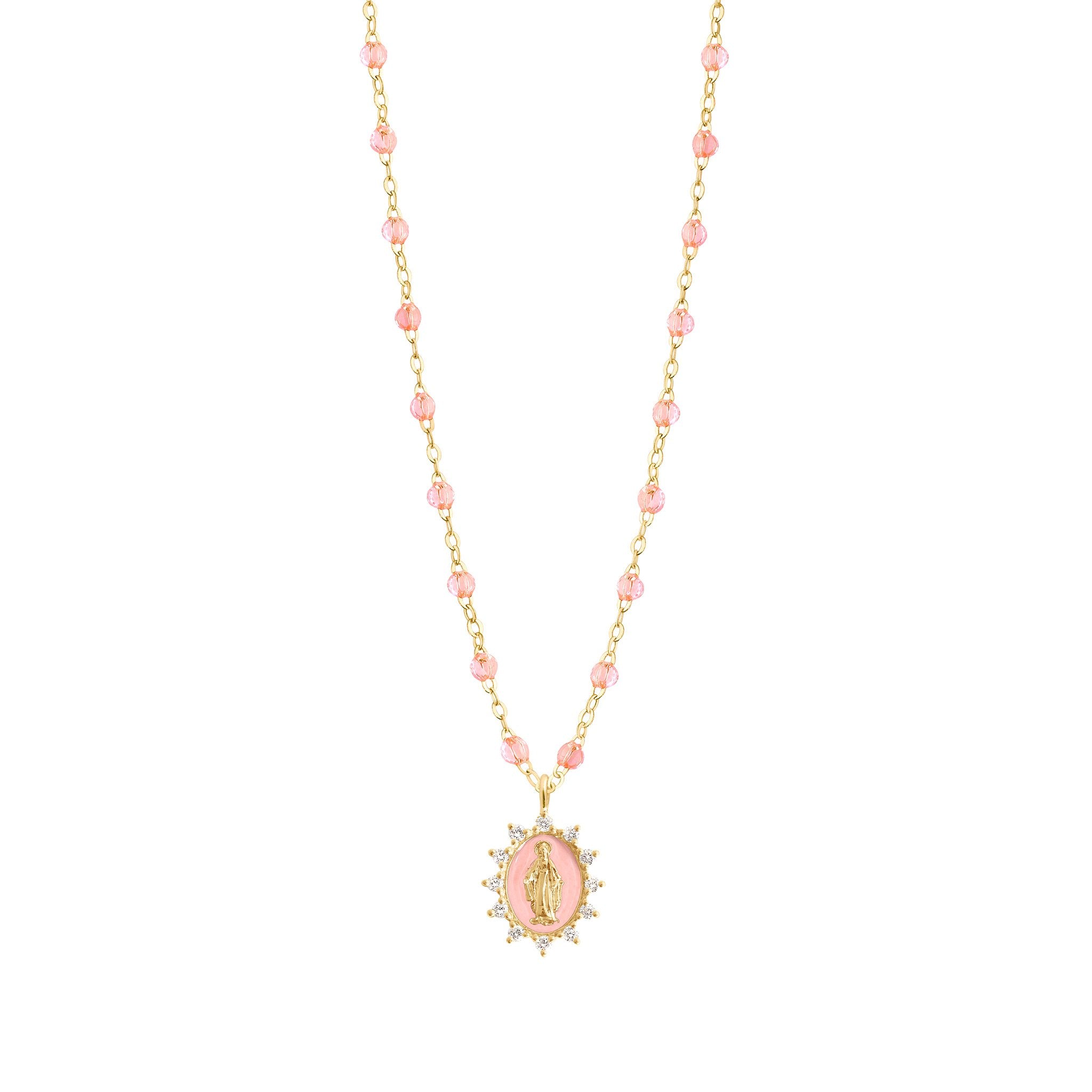 Collier rosée Petite Madone Suprême rose bébé, diamants, or jaune, 42 cm