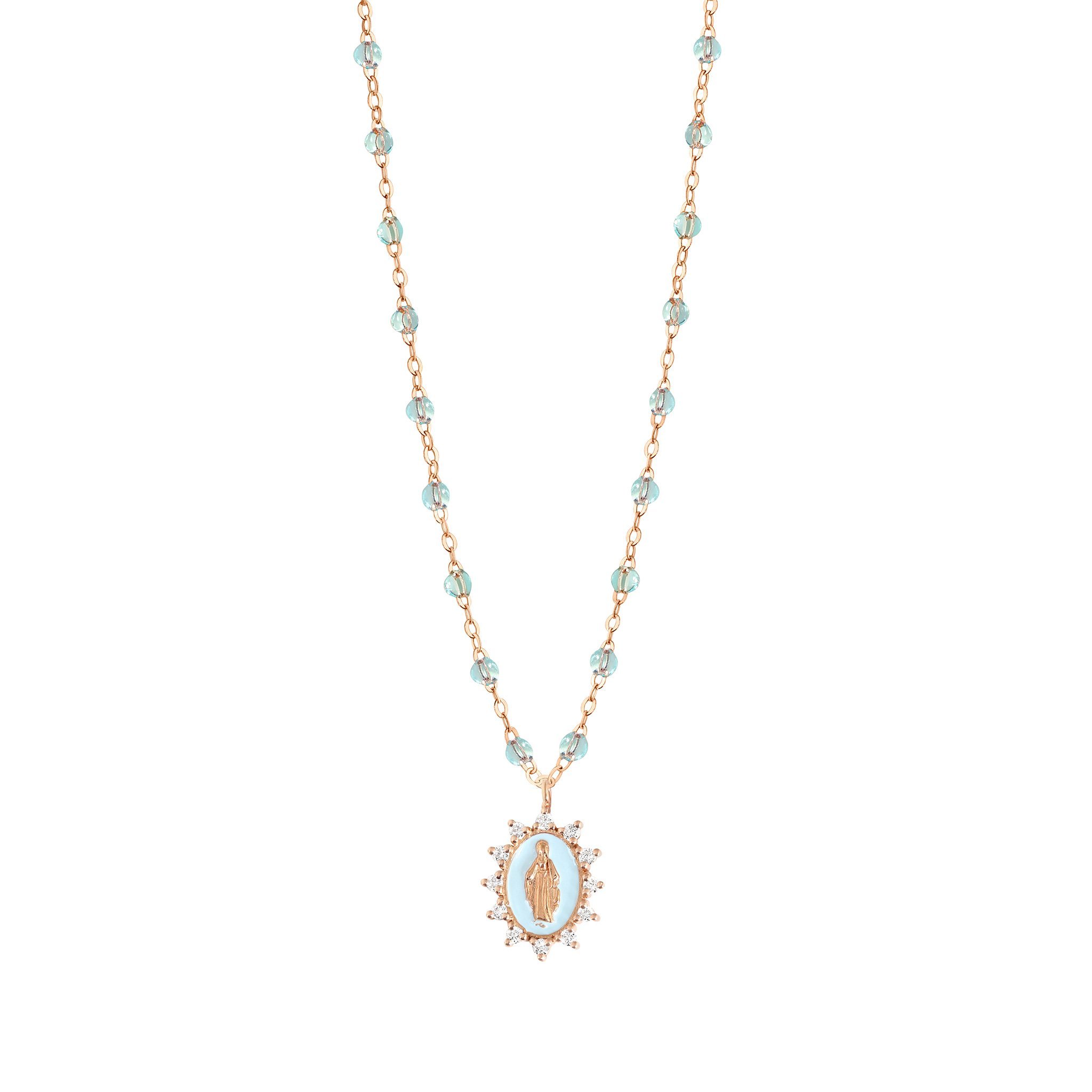 Collier Ice Petite Madone Suprême bleu layette, diamants, or rose, 42 cm