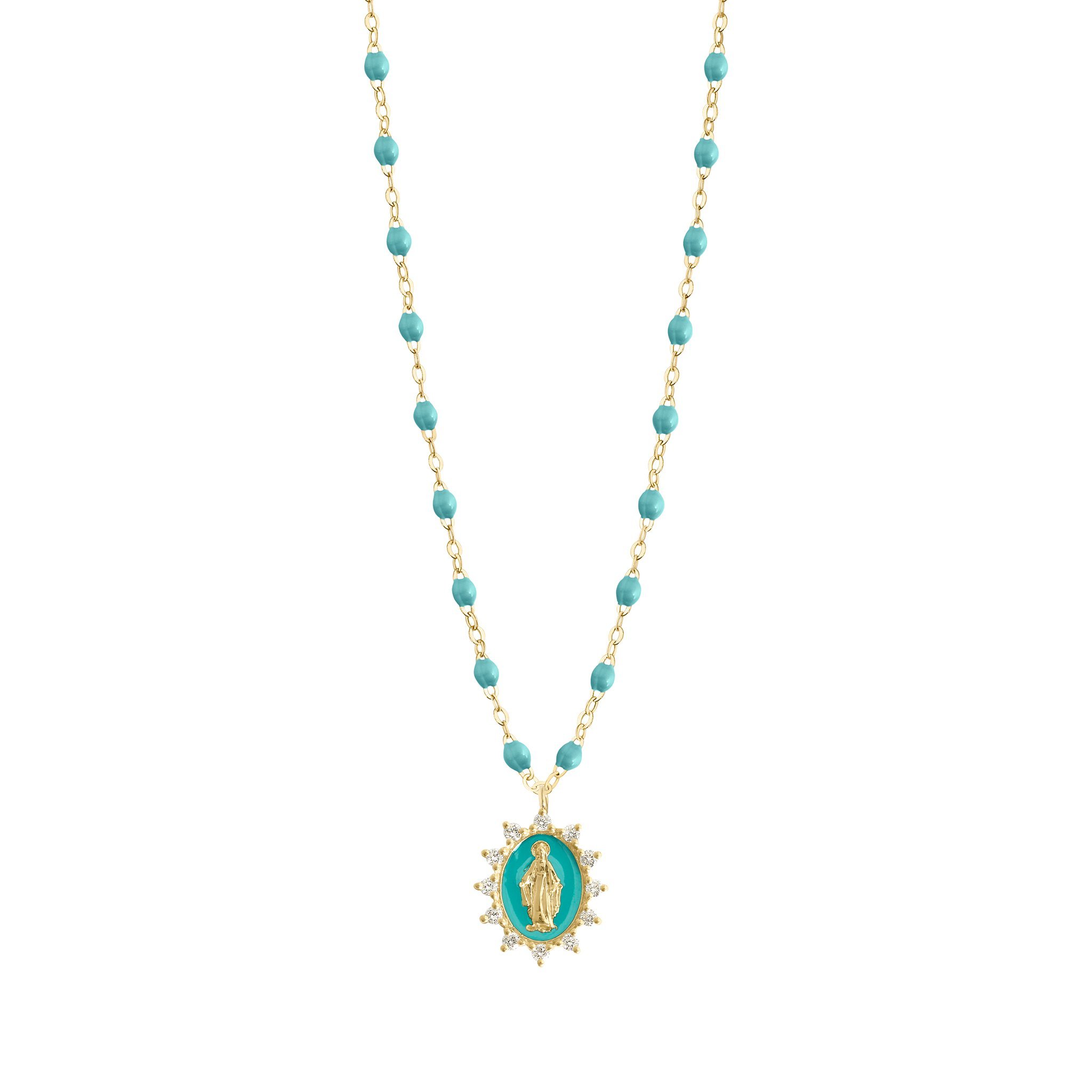 Collier turquoise vert Madone Suprême diamants, or jaune, 50 cm