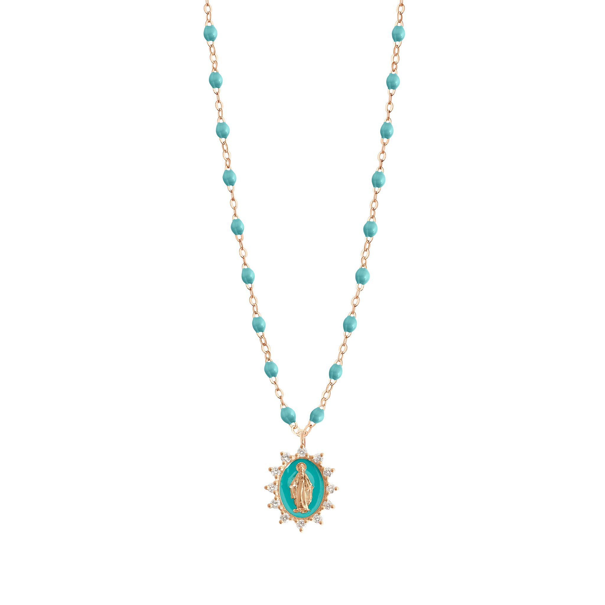 Collier turquoise vert Madone Suprême diamants, or rose, 50 cm