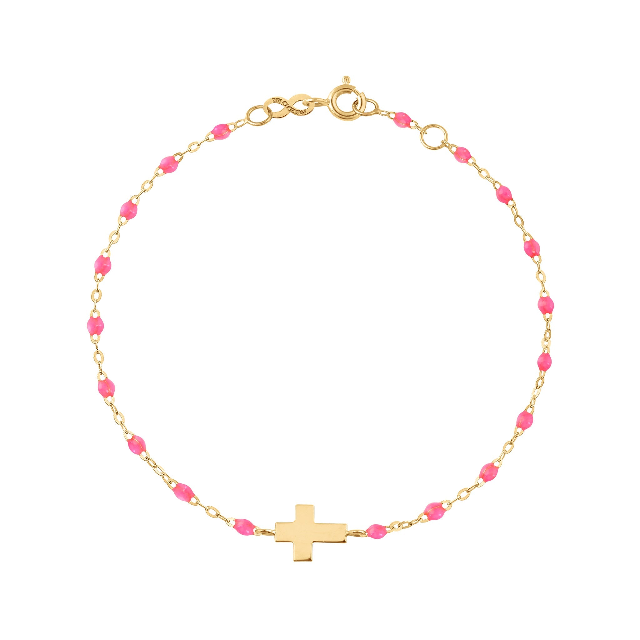 Bracelet bébé rose fluo Croix, or jaune, 13 cm