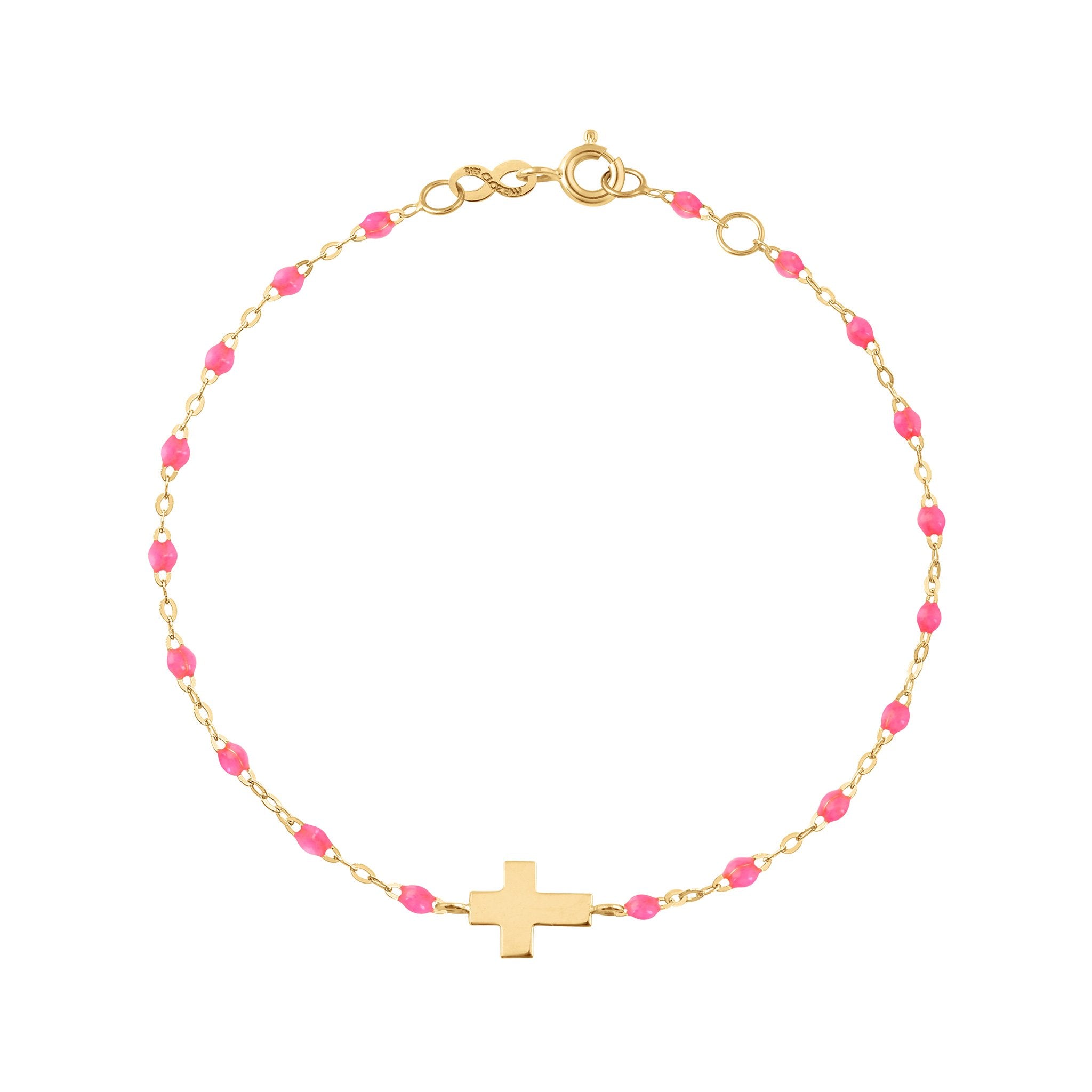 Bracelet rose fluo Croix, or jaune, 17cm