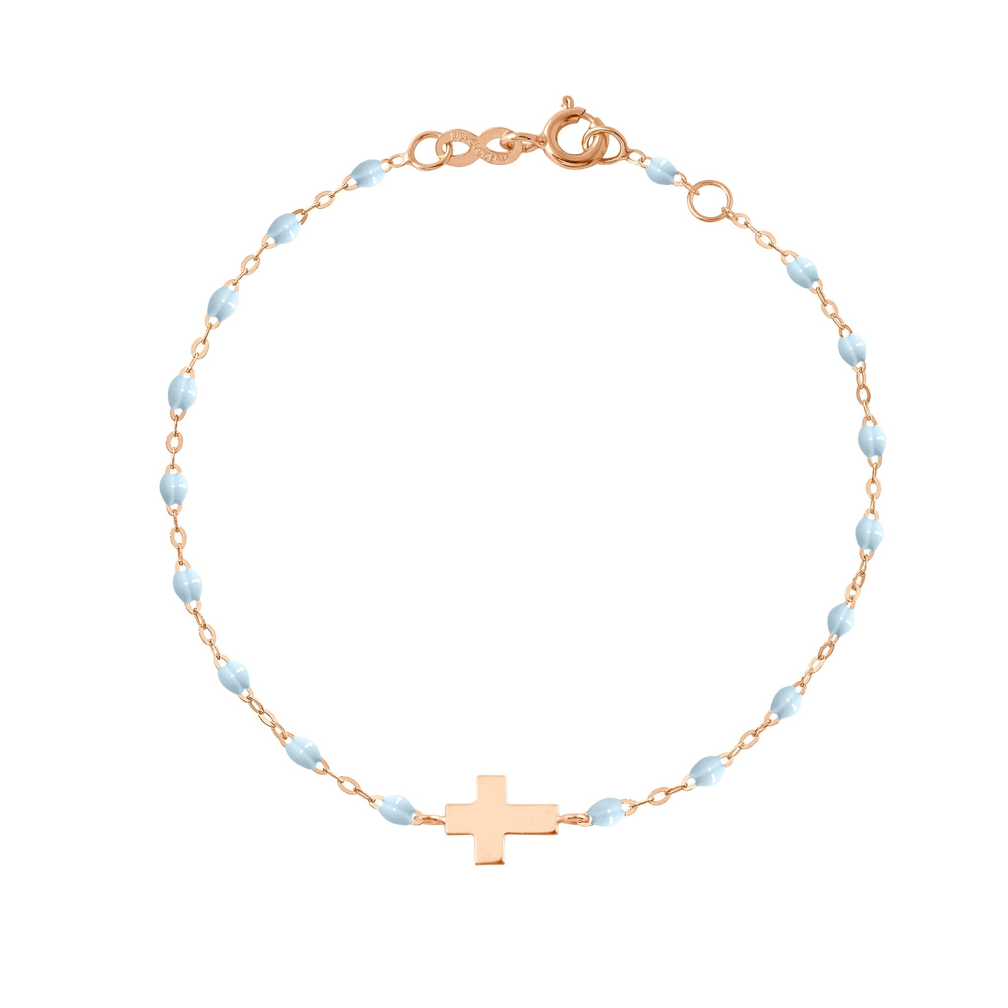 Bracelet bébé bleu layette Croix, or rose, 13 cm