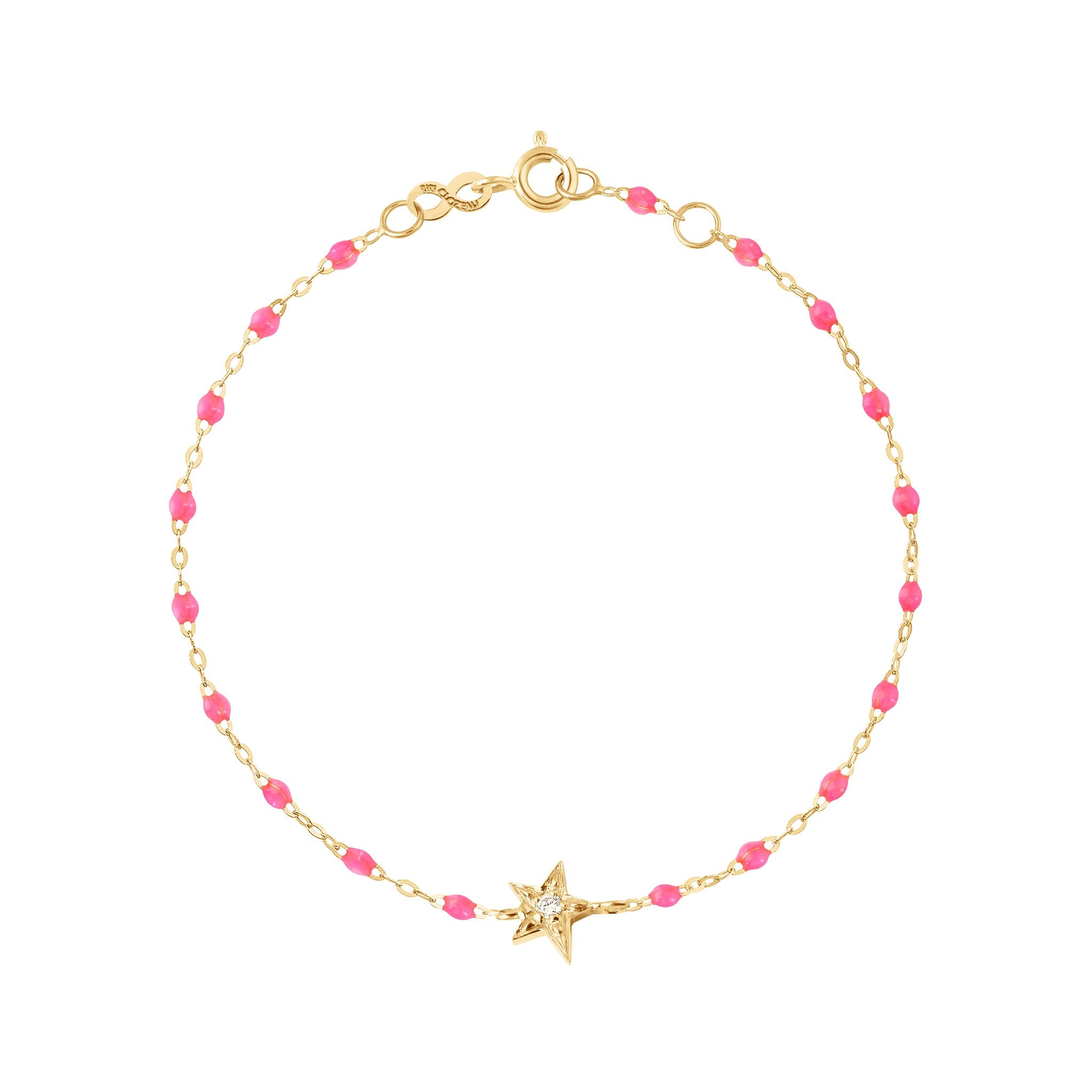 Bracelet rose fluo Etoile diamant, or jaune, 17 cm