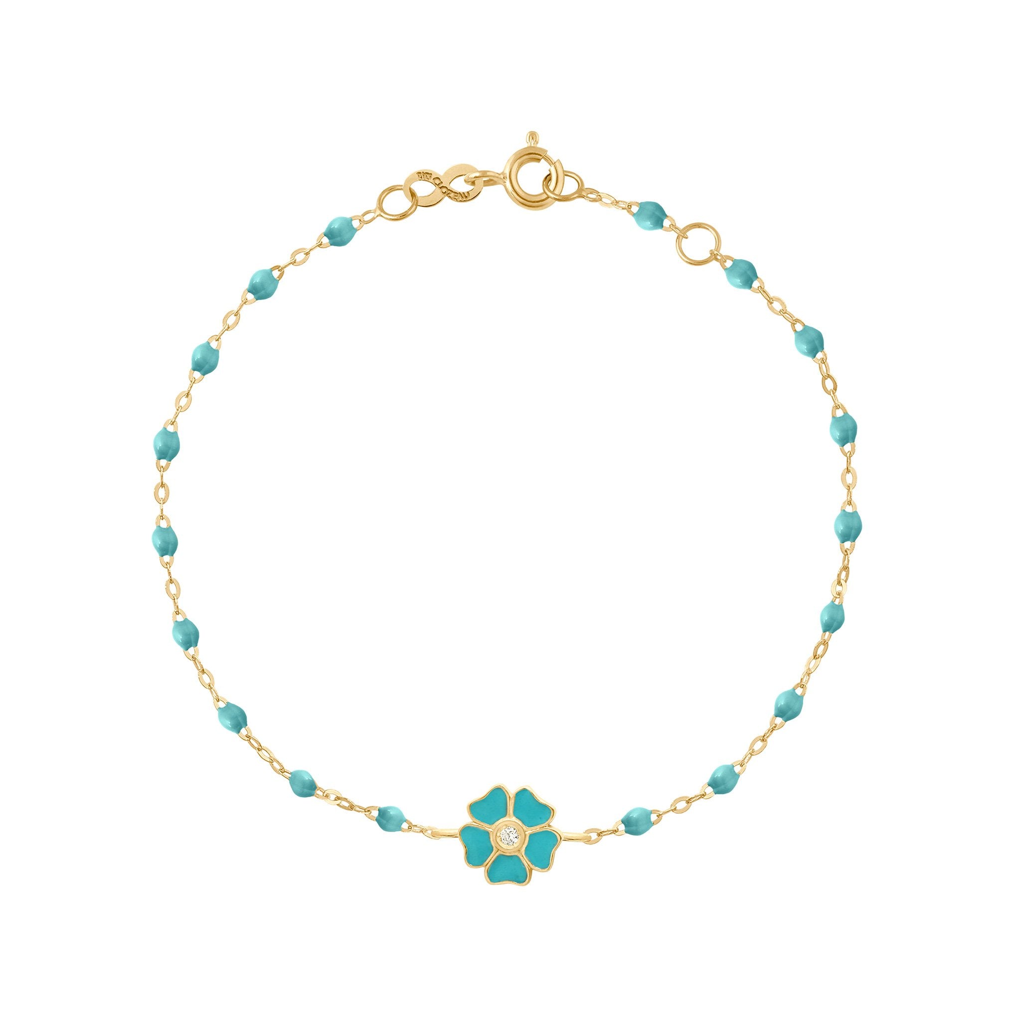 Bracelet turquoise vert Fleur, diamant, or jaune, 17 cm