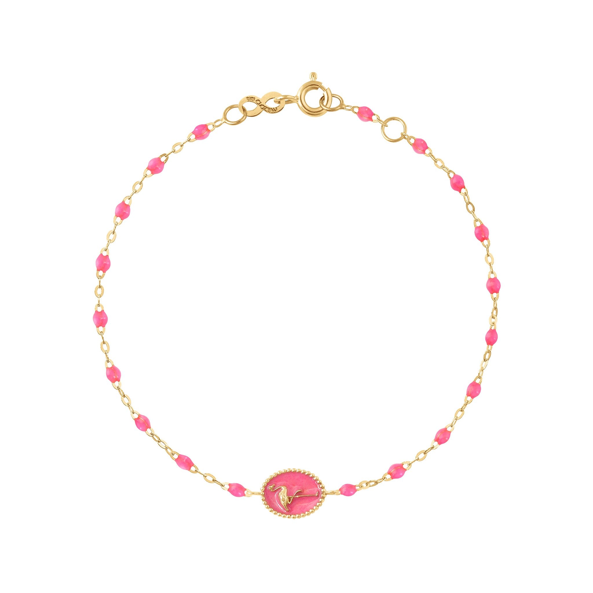 Bracelet Flamant résine rose fluo, or jaune, 17 cm