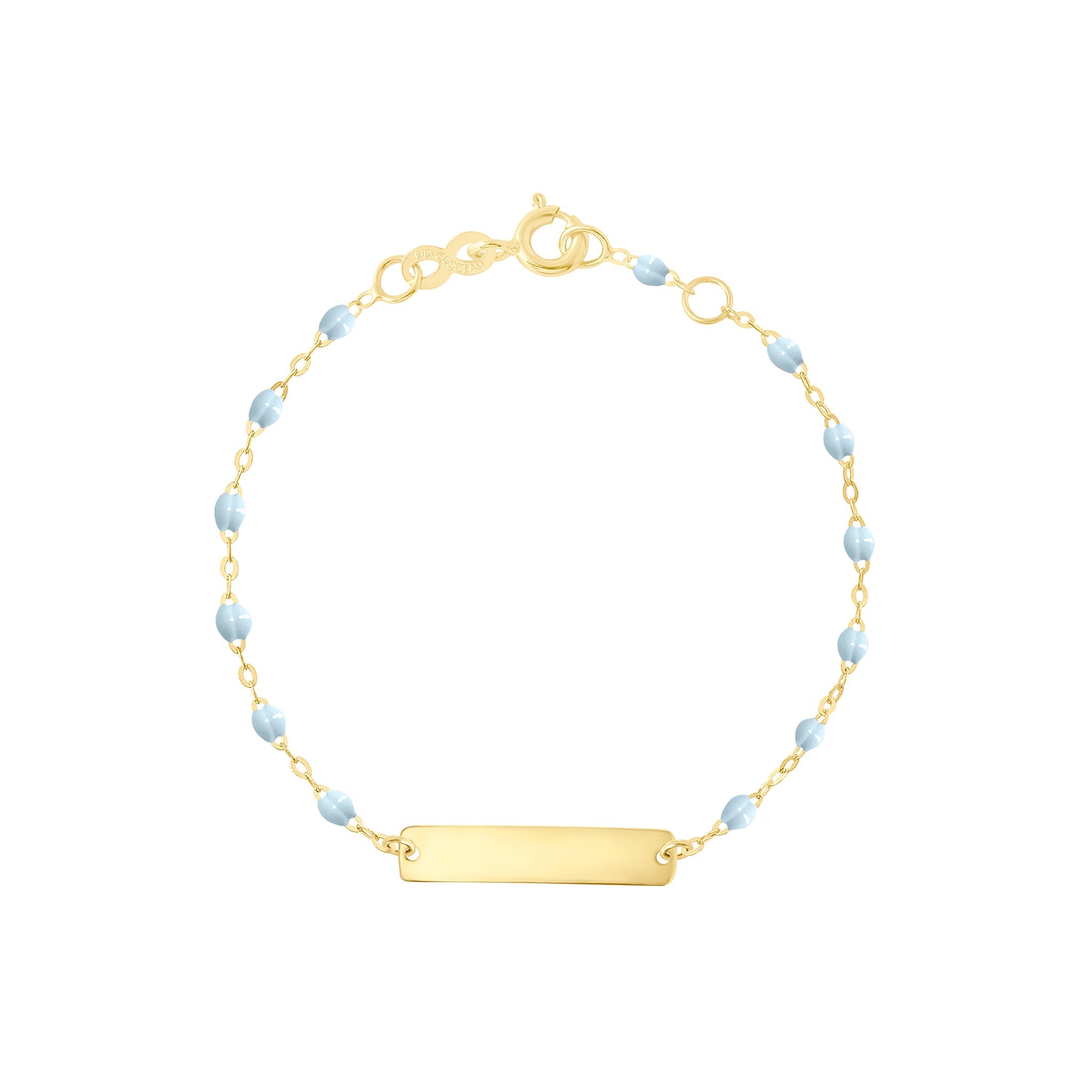 Bracelet bleu layette Little Gigi, plaque rectangle, or jaune, 15 cm