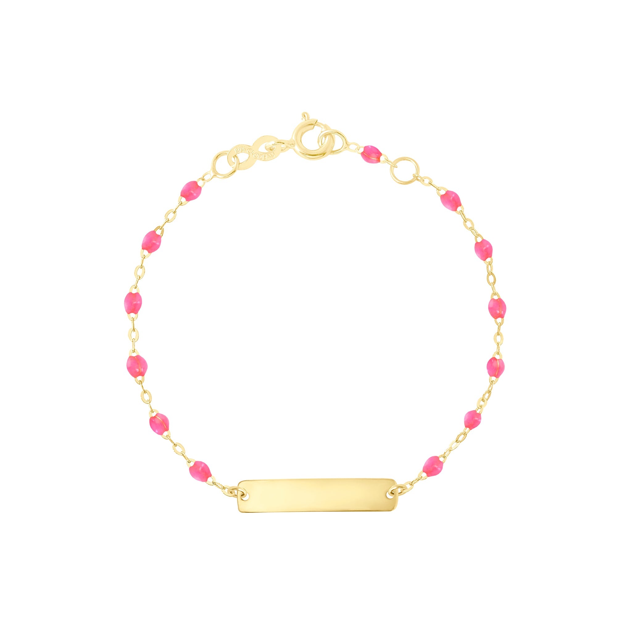 Bracelet rose fluo Little Gigi, plaque rectangle, or jaune, 15 cm