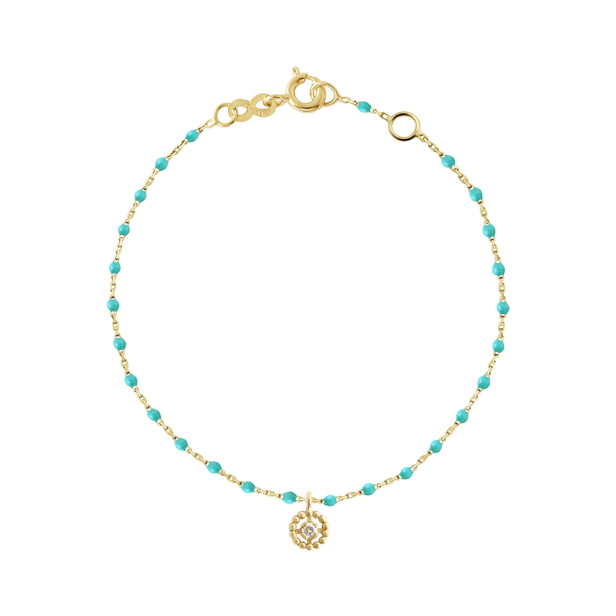 Bracelet Lucky Puce, diamant, or jaune et mini perles de résine turquoise verte, 17 cm