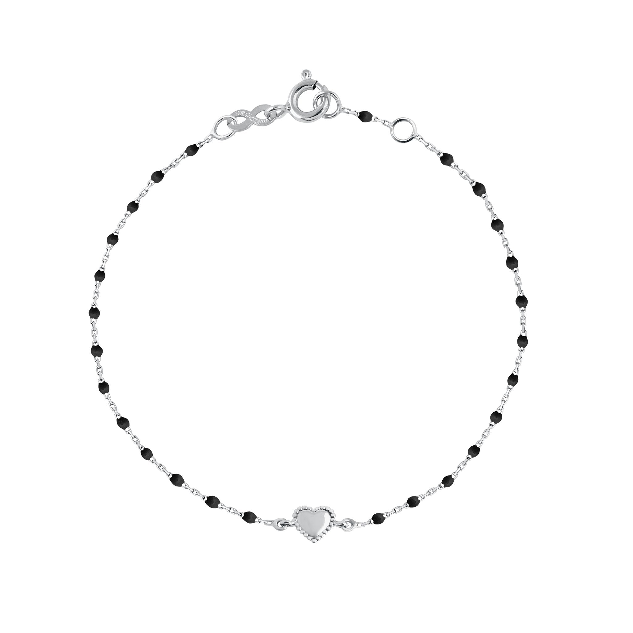 Bracelet Lucky Coeur, or blanc et mini perles de résine noire, 17 cm